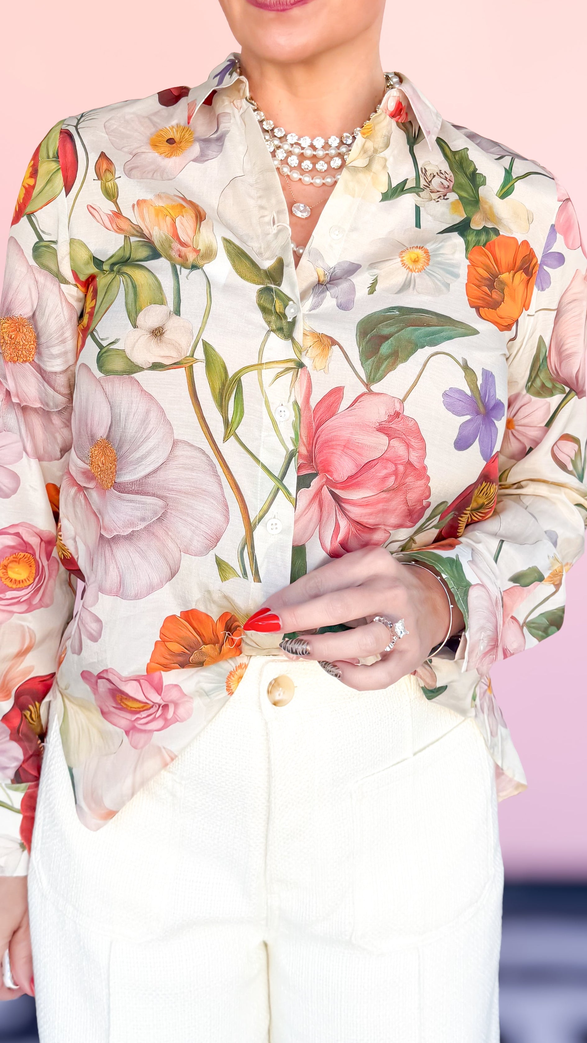 Illustrated Floral Blouse/Ivory - The BLVD