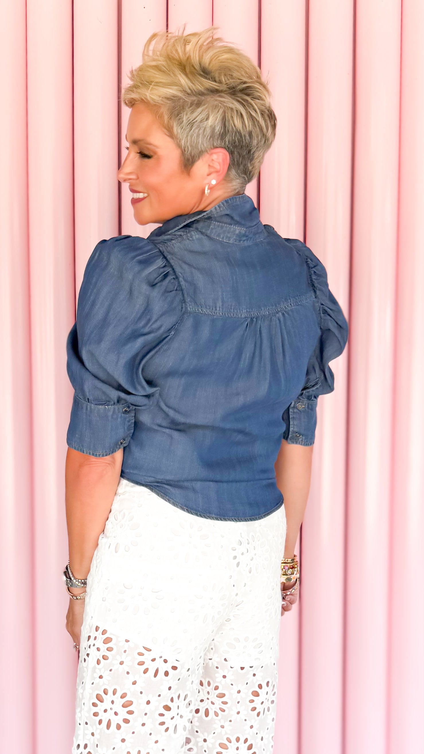 Puff-Sleeve Chambray Top/DK Blue