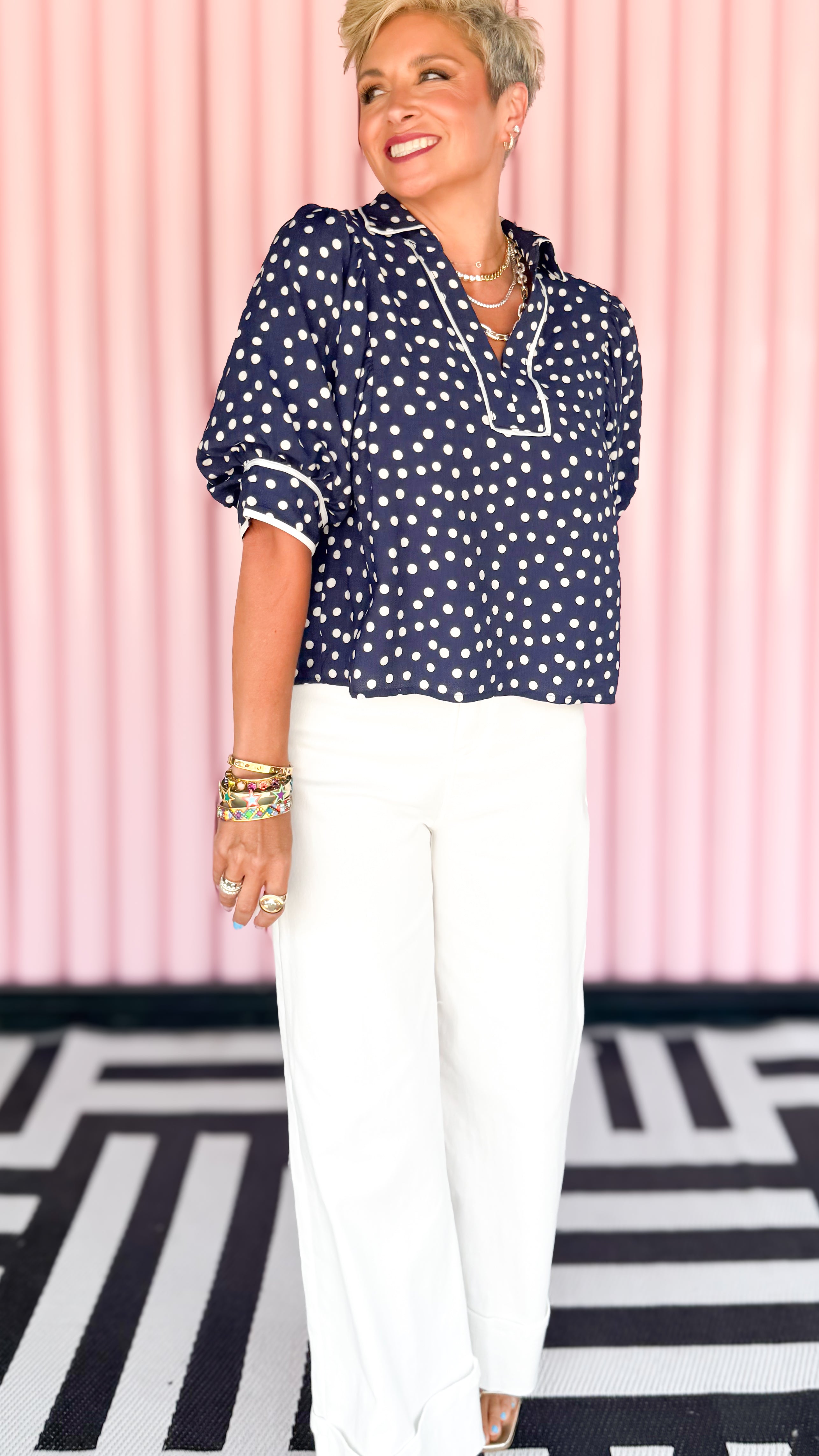 Polka Dot Puff Sleeve Top/Navy