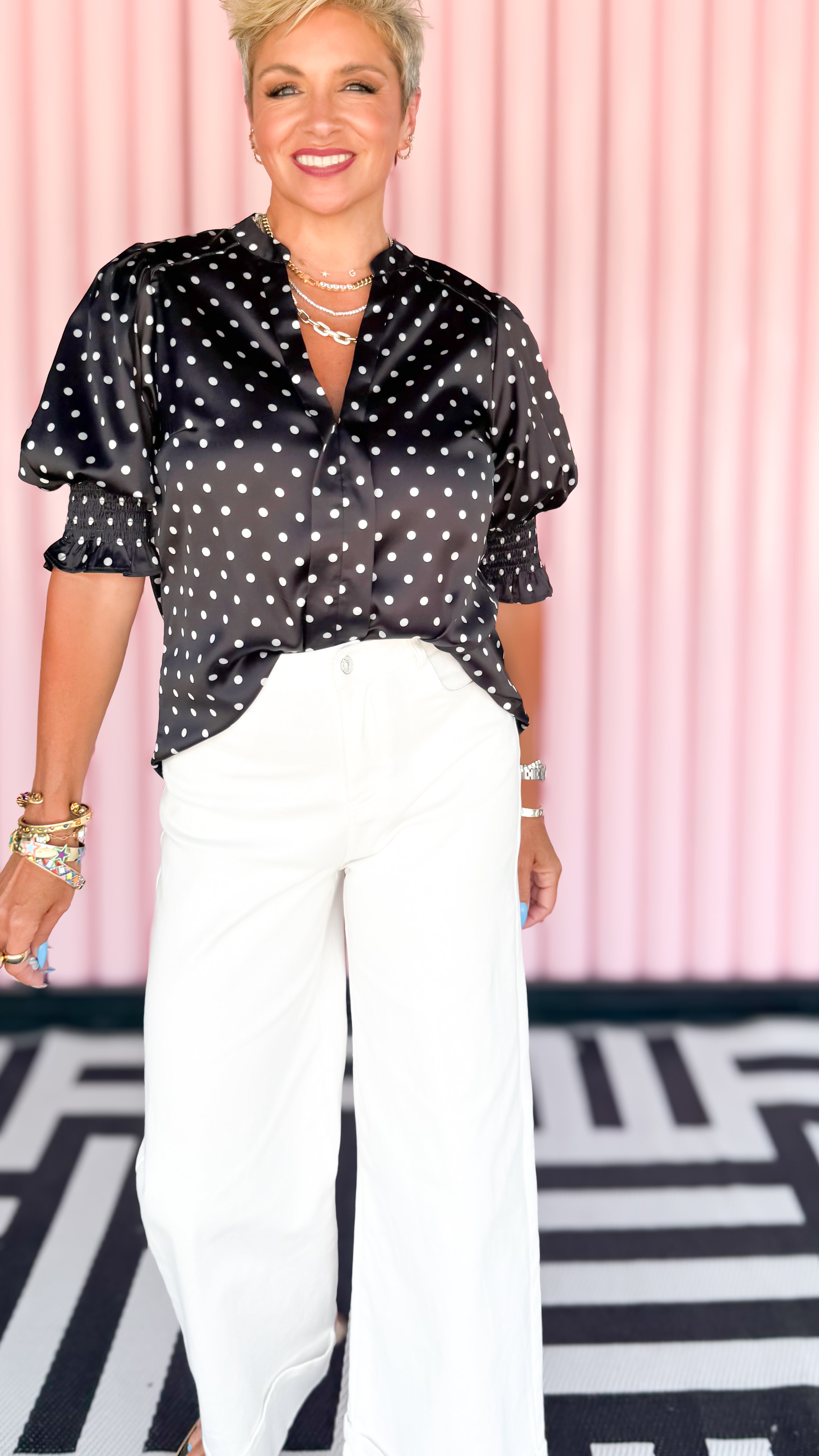V-Neck Polka Dot Satin Blouse/Black