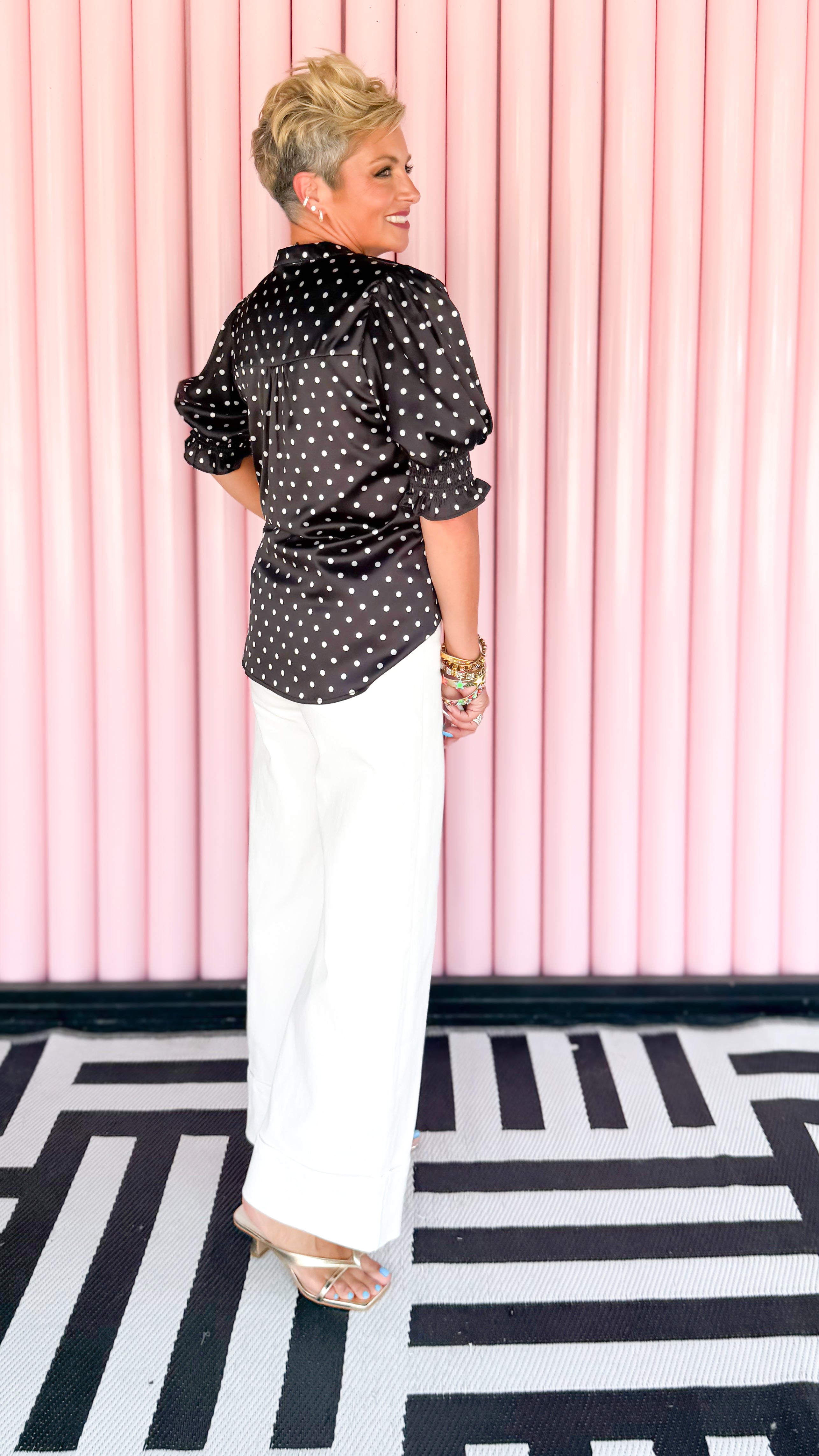V-Neck Polka Dot Satin Blouse/Black