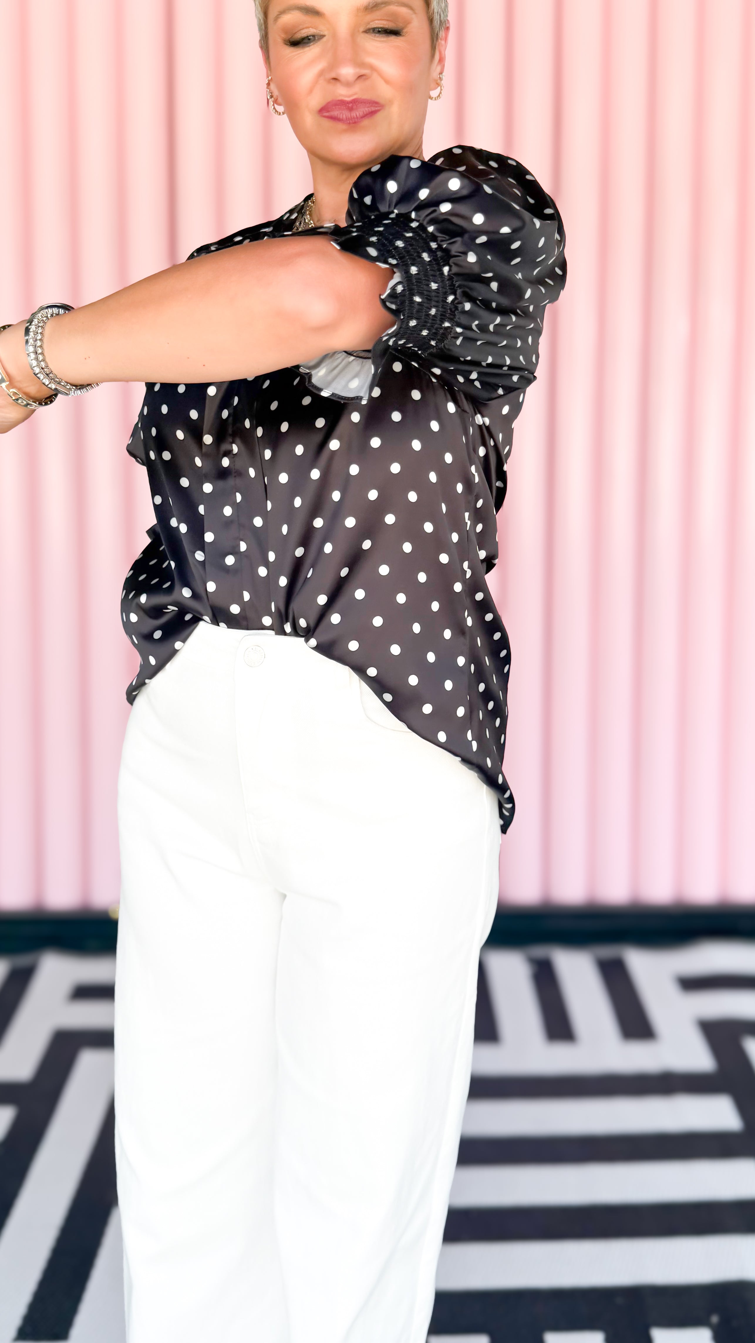 V-Neck Polka Dot Satin Blouse/Black