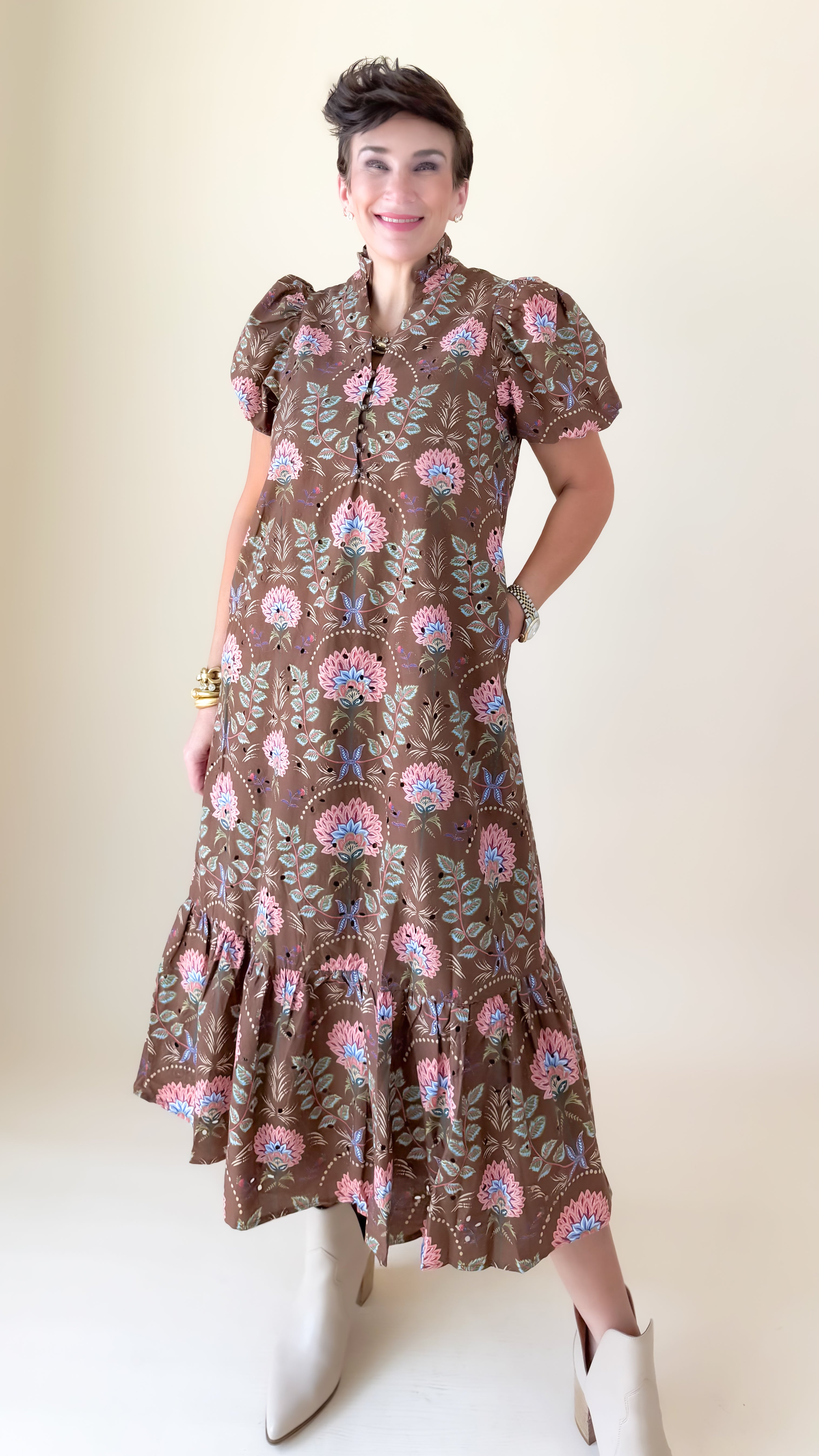 Floral Puff Sleeve Maxi Dress/Brown