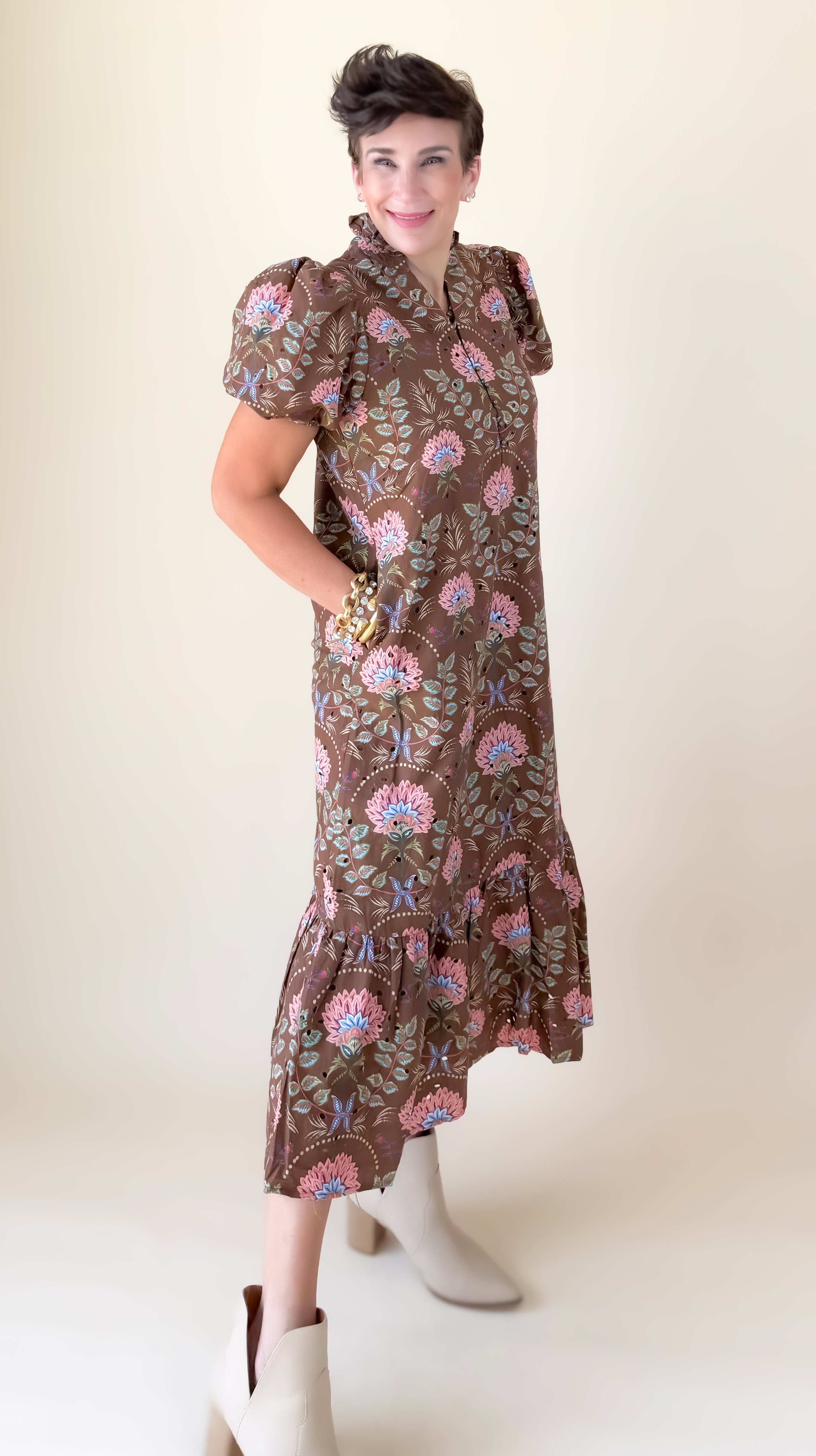 Floral Puff Sleeve Maxi Dress/Brown