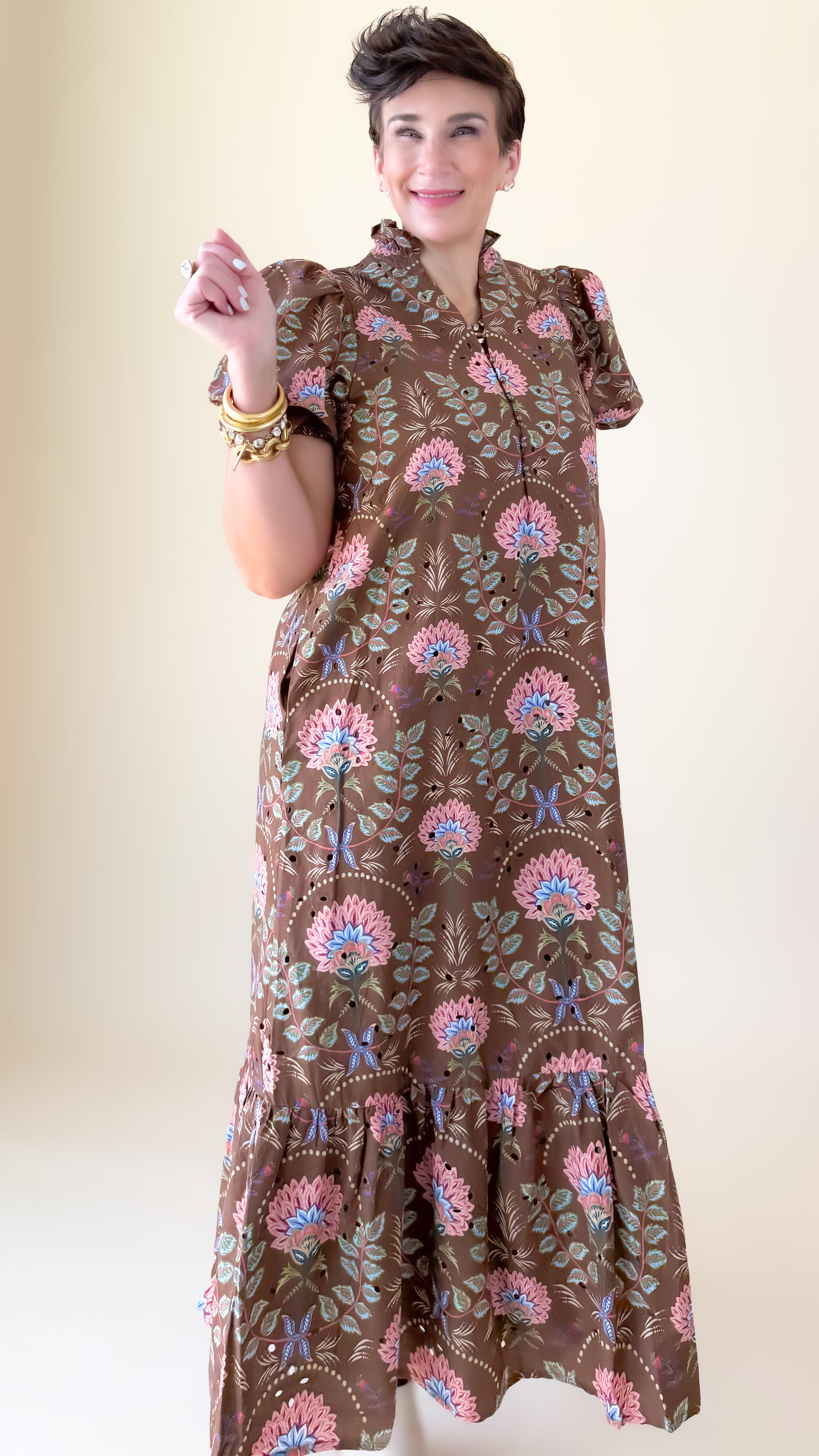 Floral Puff Sleeve Maxi Dress/Brown