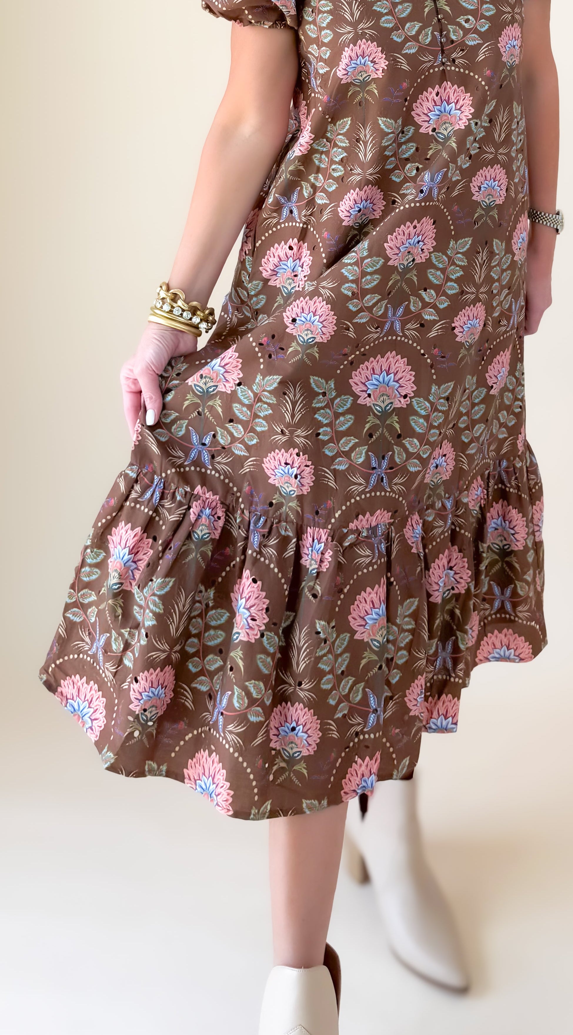 Floral Puff Sleeve Maxi Dress/Brown