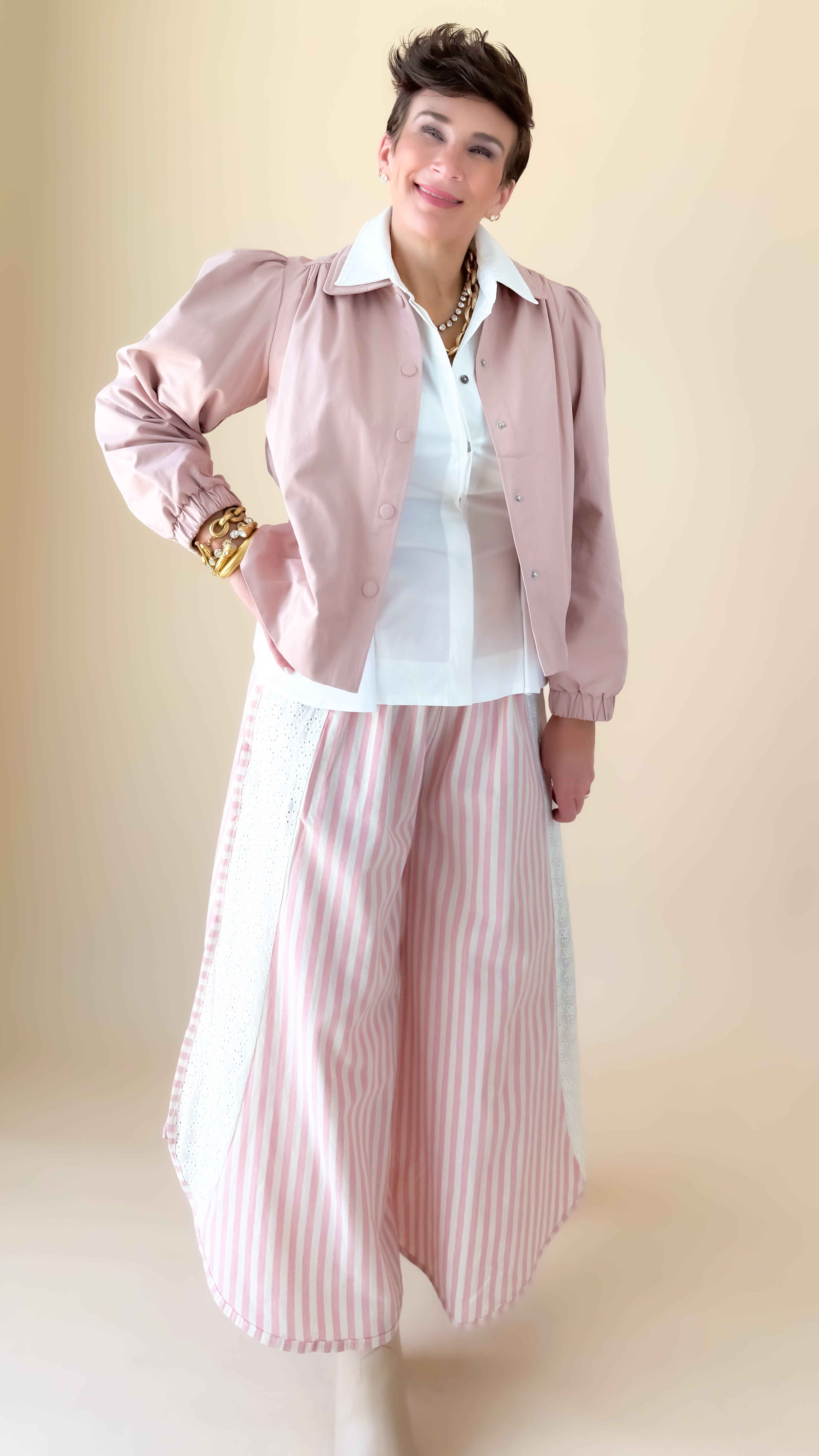 Eyelet Trim Stripe Wide Leg Pants