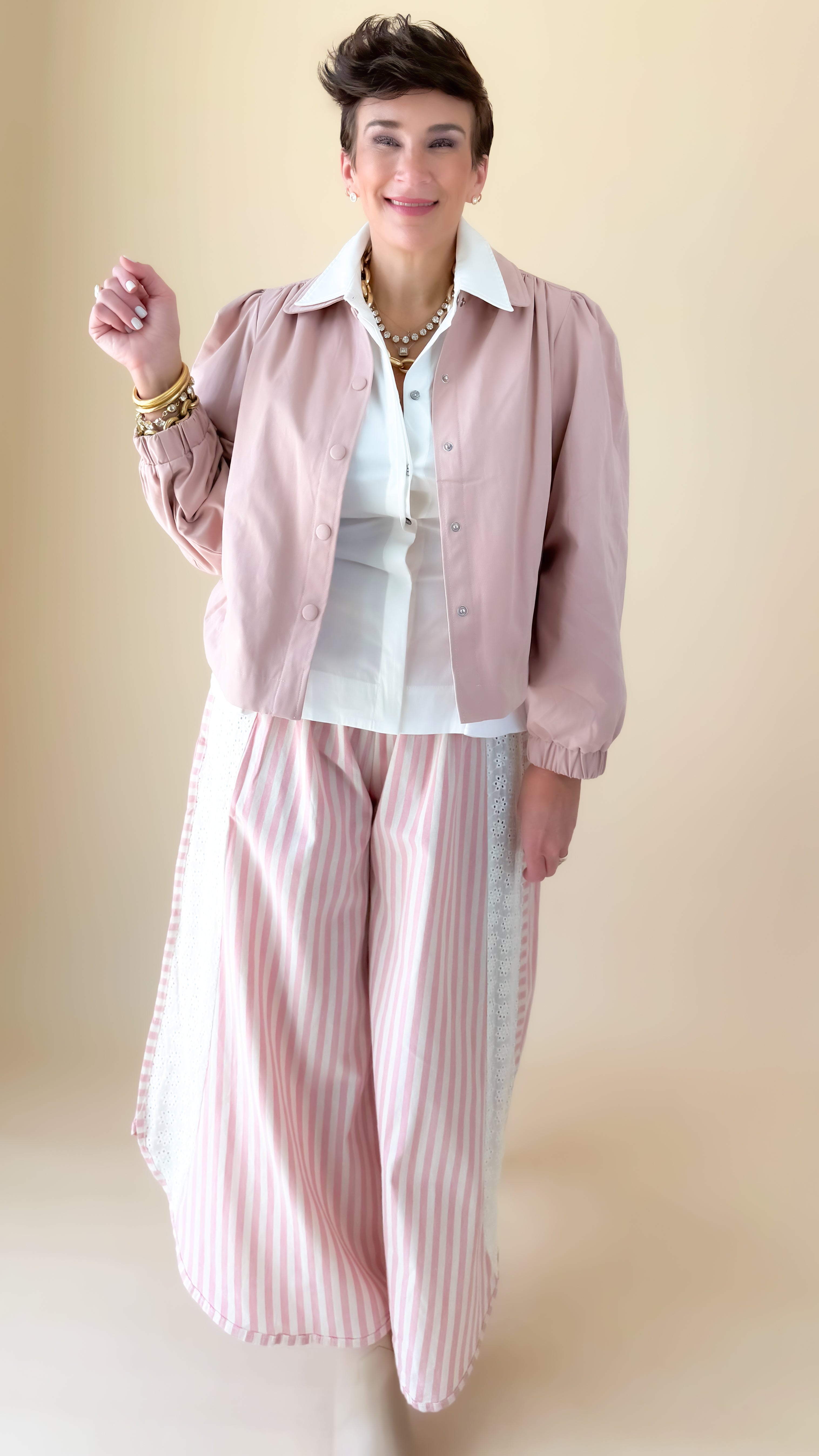 Eyelet Trim Stripe Wide Leg Pants