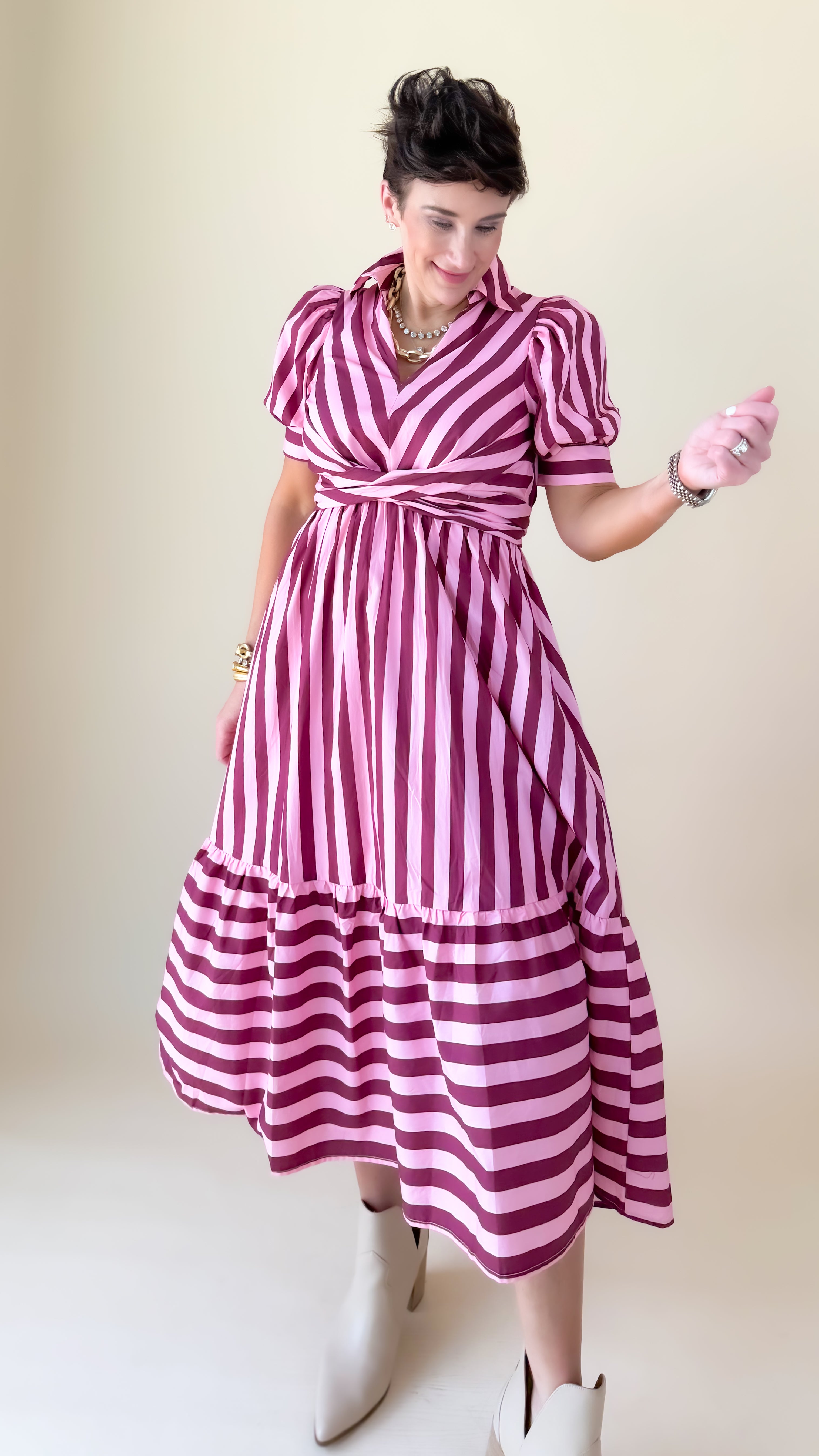 Tie Front Midi Dress/Pink