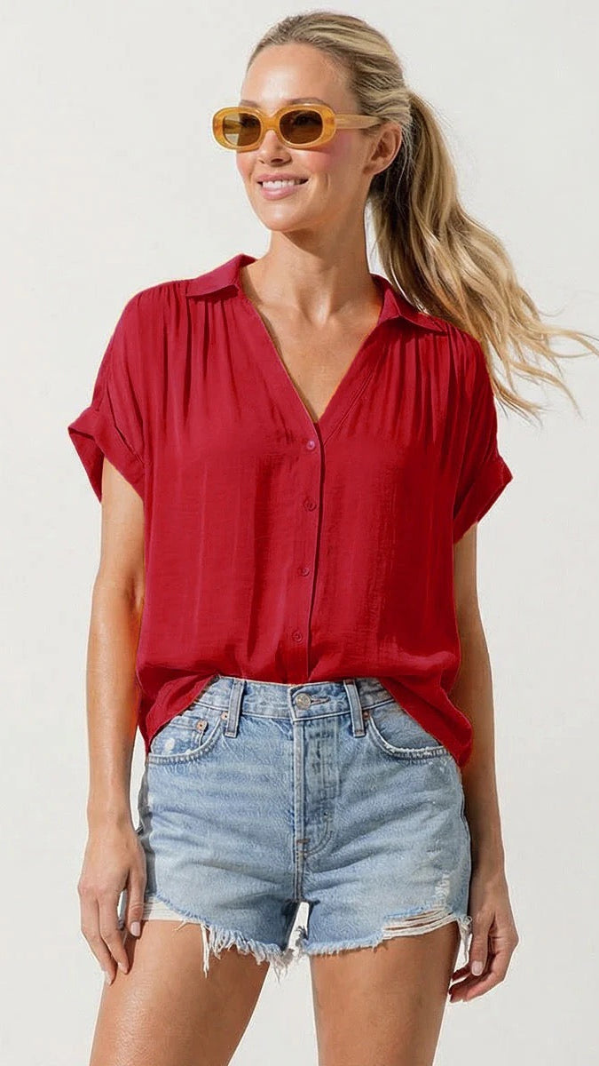 Kaitlyn Short Sleeve Blouse in Red - The BLVD