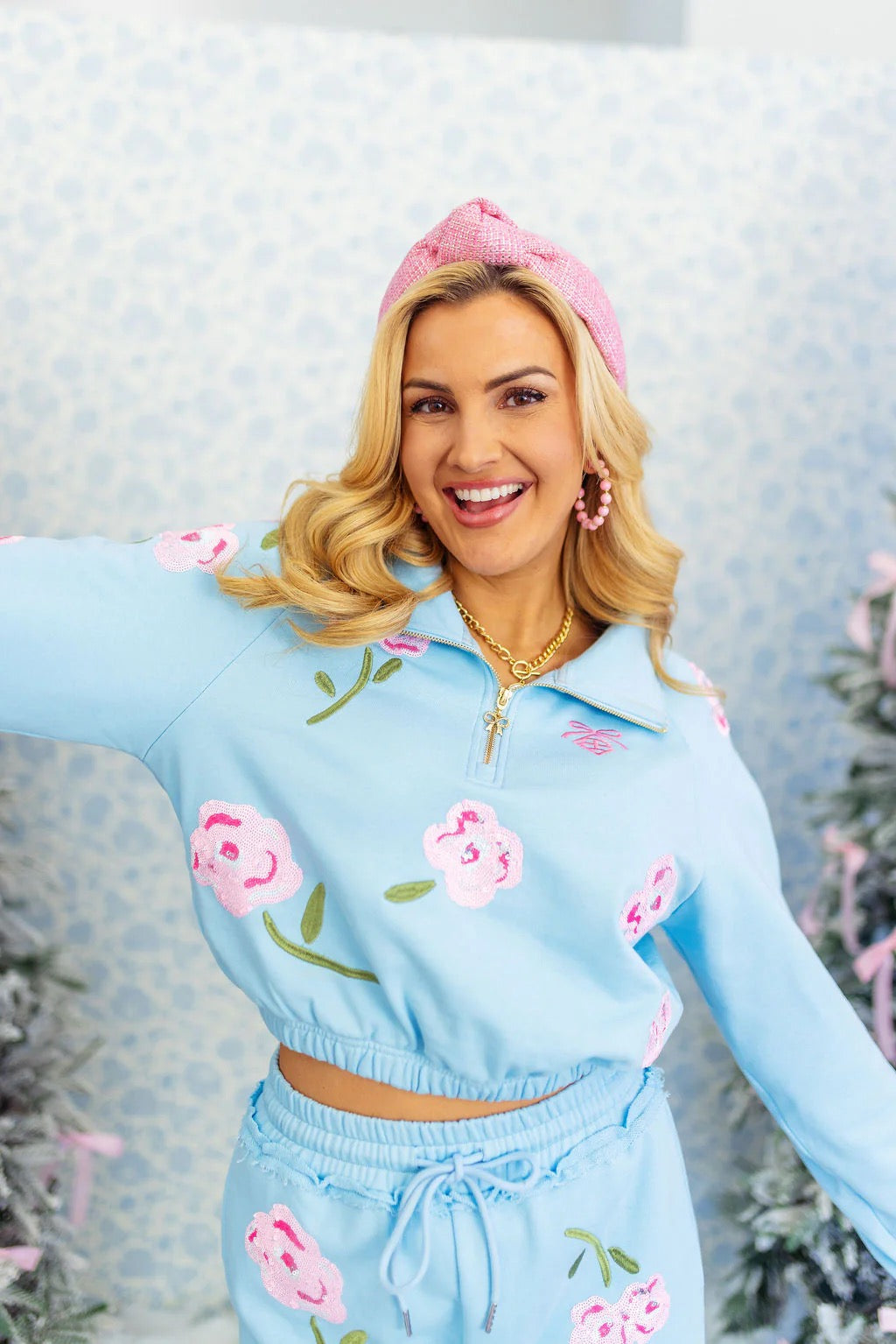 ICE BLUE FLORAL HALF-ZIP SWEATSHIRT - The BLVD