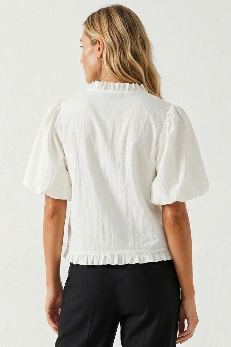 Ruffle Detail Bubble Sleeve Top in White - The BLVD