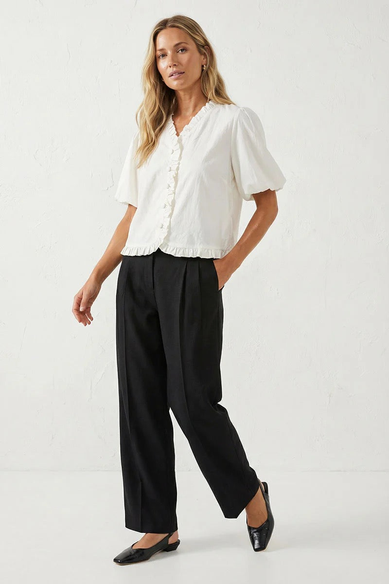 Ruffle Detail Bubble Sleeve Top in White - The BLVD