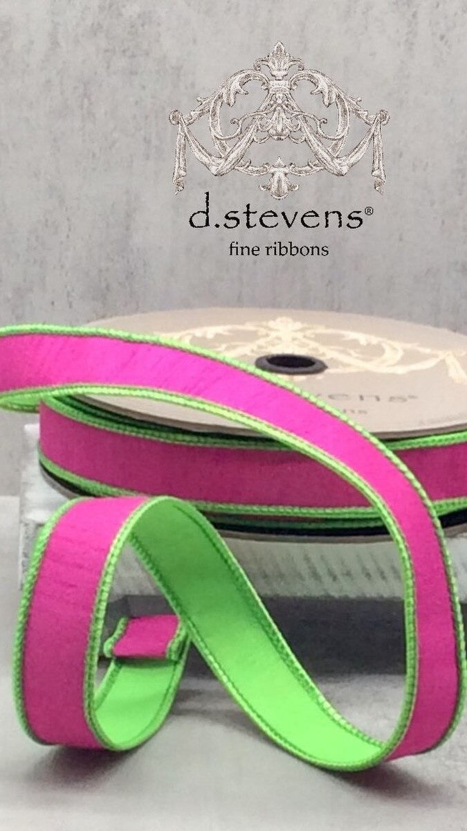 1" x 25yds double sided dupion, hot pink lime green - The BLVD