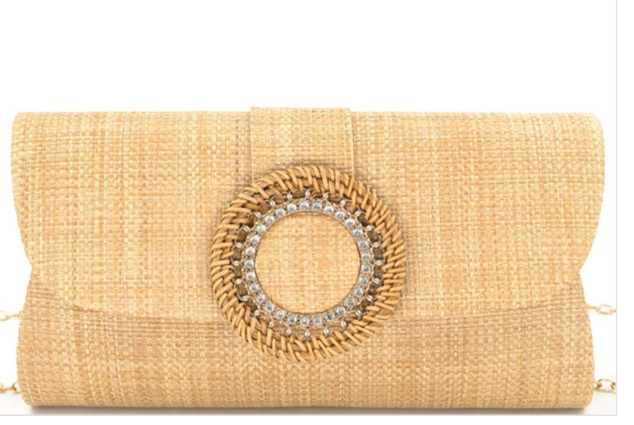 Rhinestone Rattan Buckle Clutch Bag