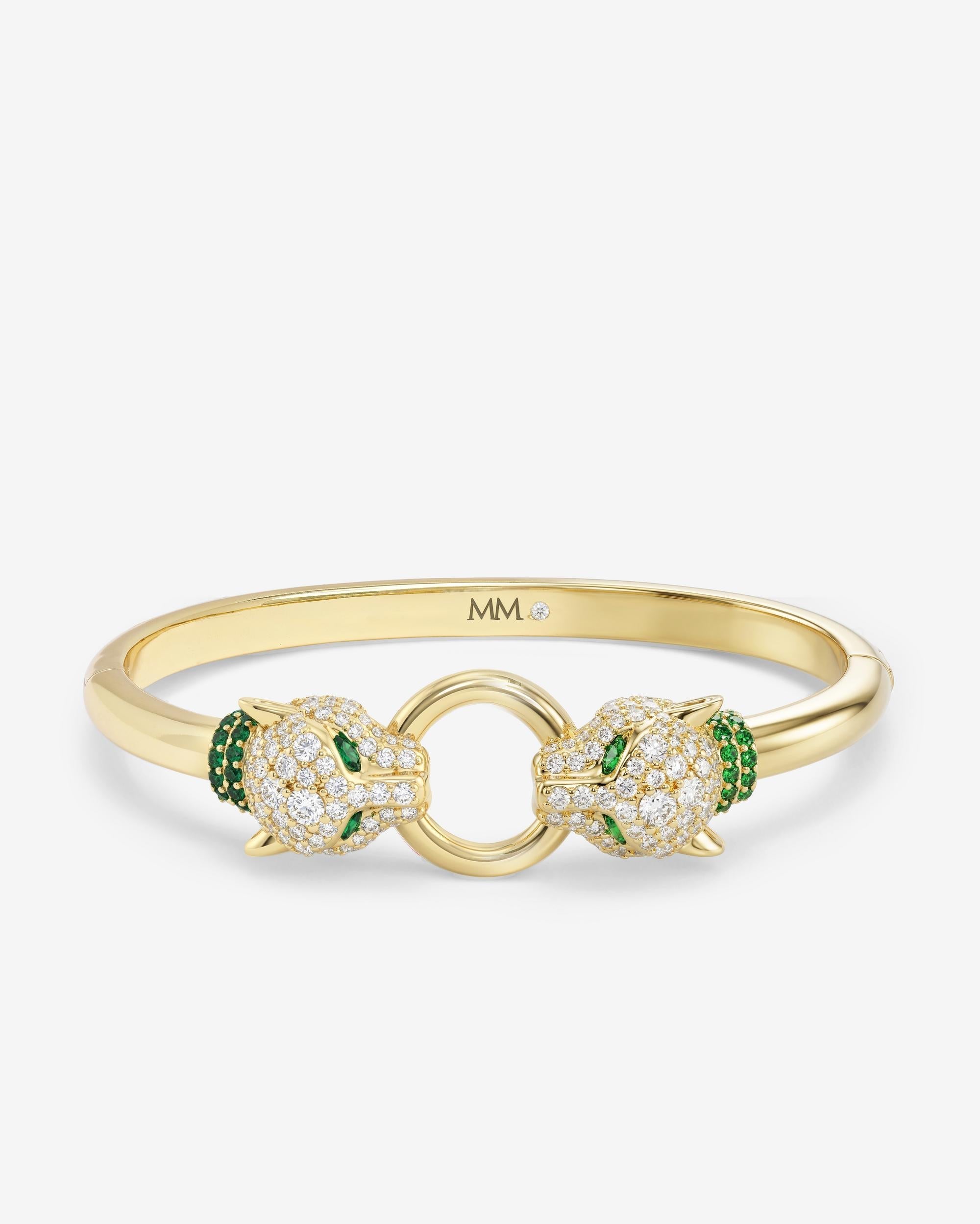 Melinda Maria Jaguar Cuff Bracelet in gold with pavé simulated diamonds and emerald accents