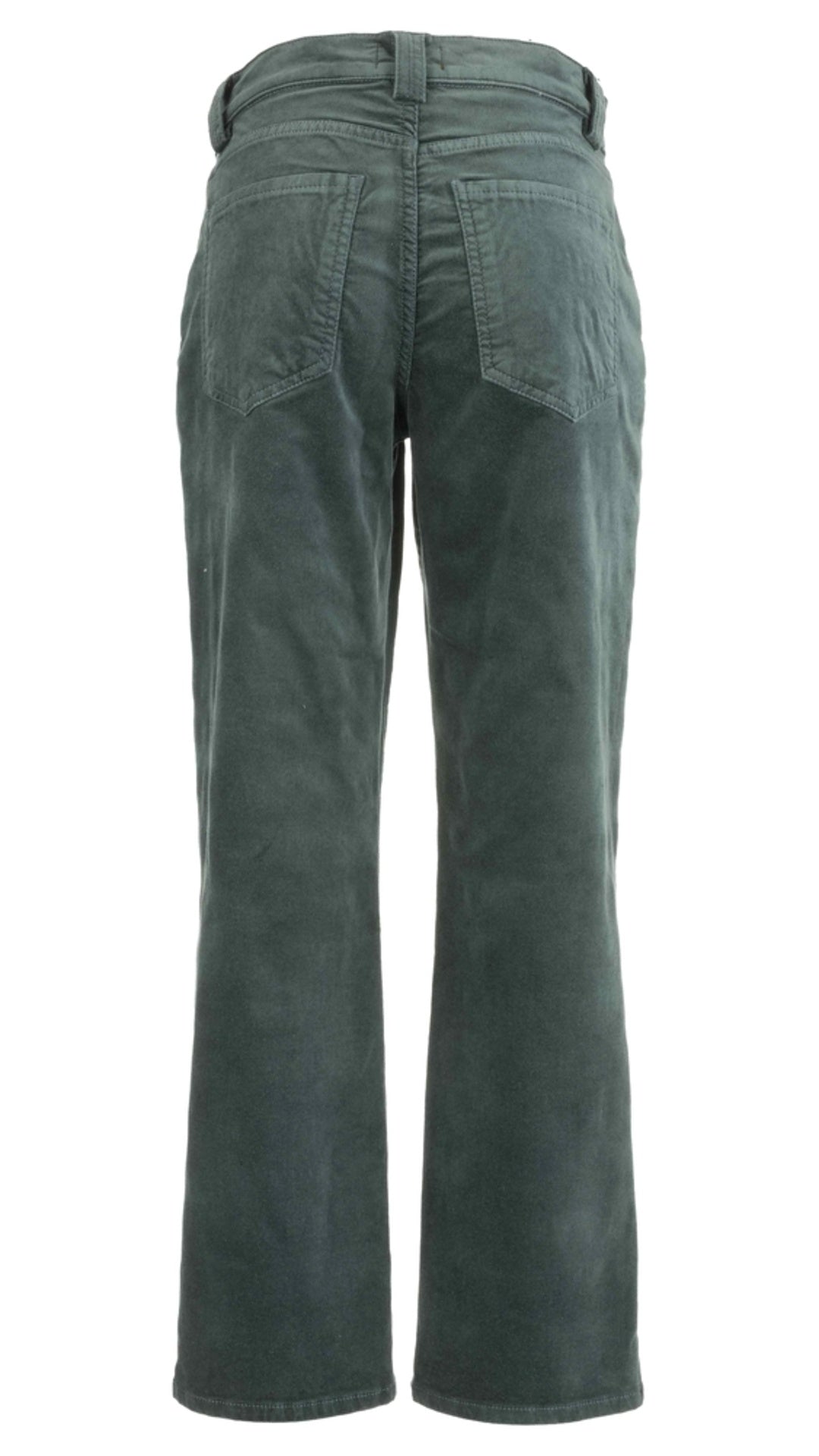Teal velveteen straight leg pants, back view showing back pockets