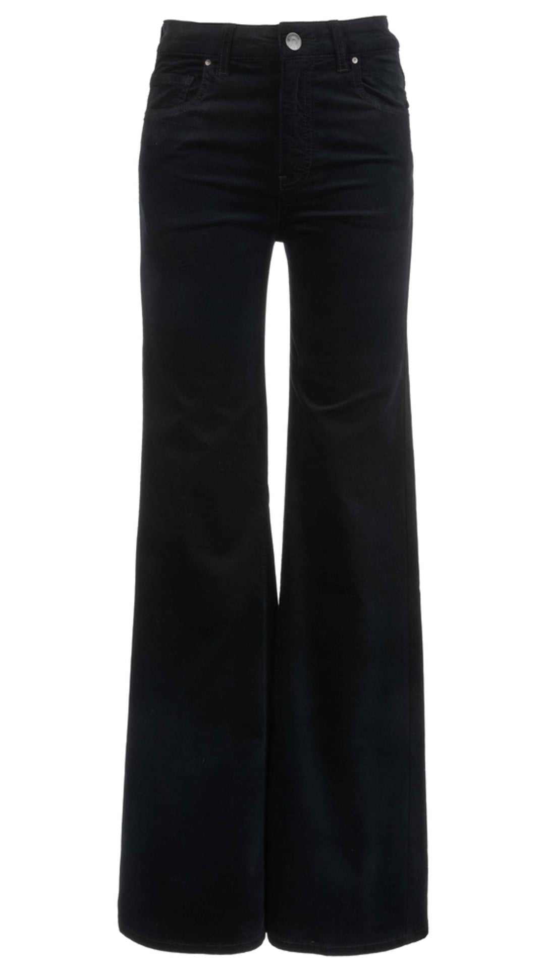 Black velveteen flare pants with five-pocket styling, front view