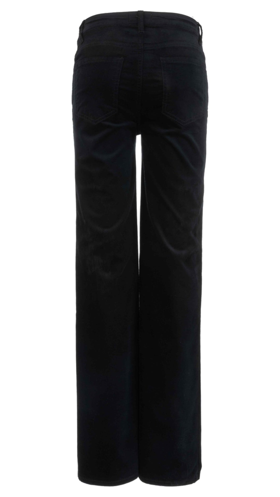 Black velveteen flare pants, back view showing back pockets