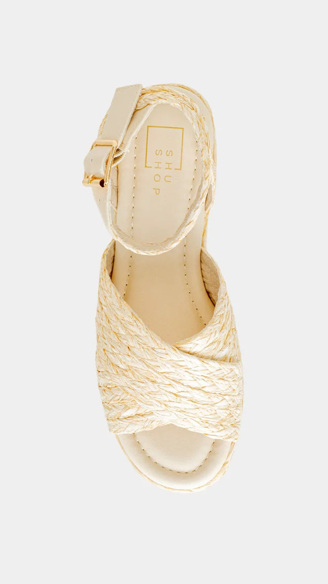 Kerry woven platform shoe in bone shown on model - side view - BLVD Boutik