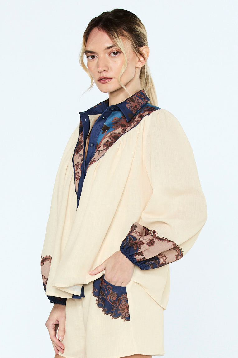 Engineer Print Button Down Blouse in Cream Multi by Ciebon — image 2 of 4