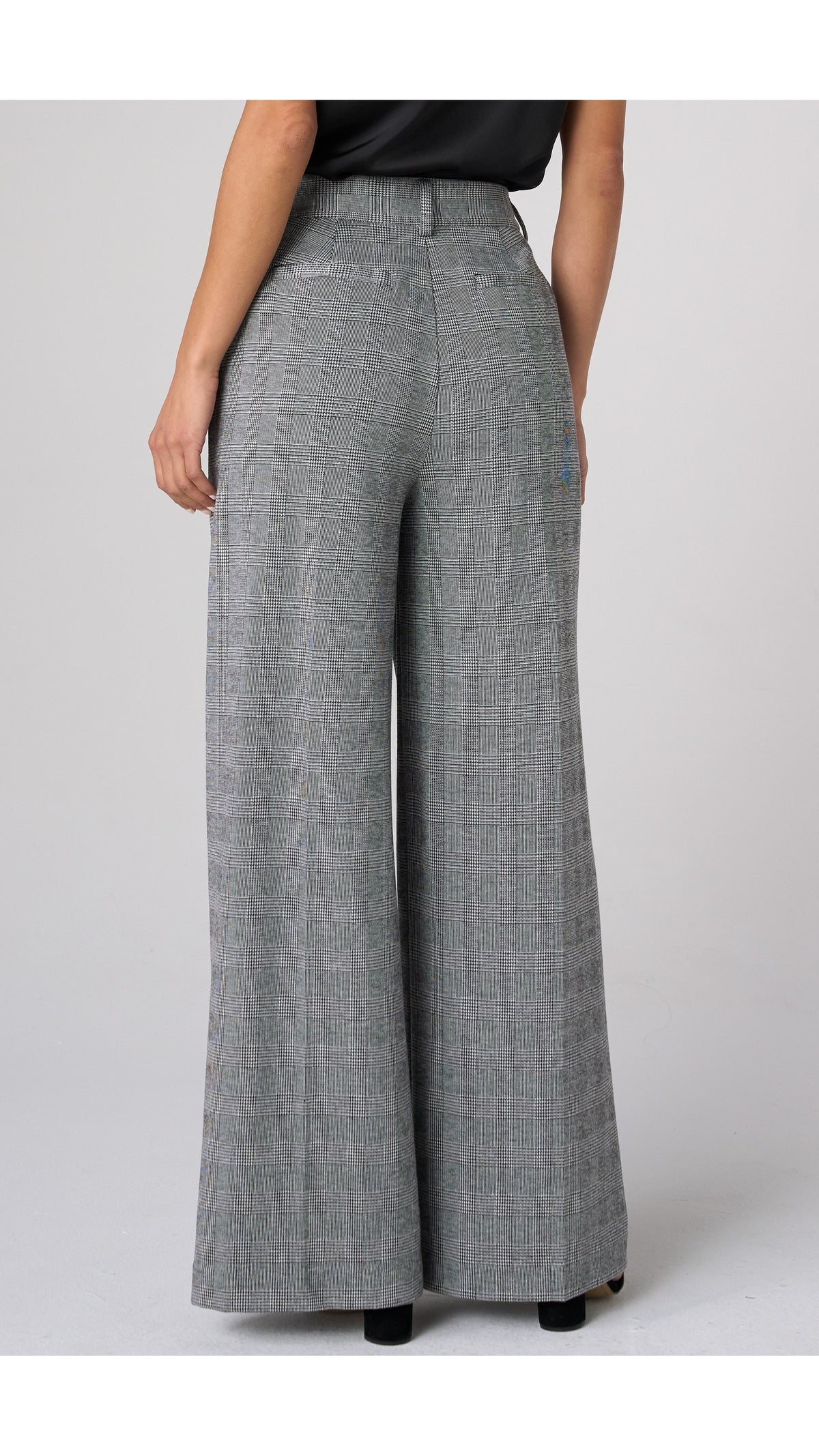 Back view of Brooke wide leg trousers in black and white glen plaid