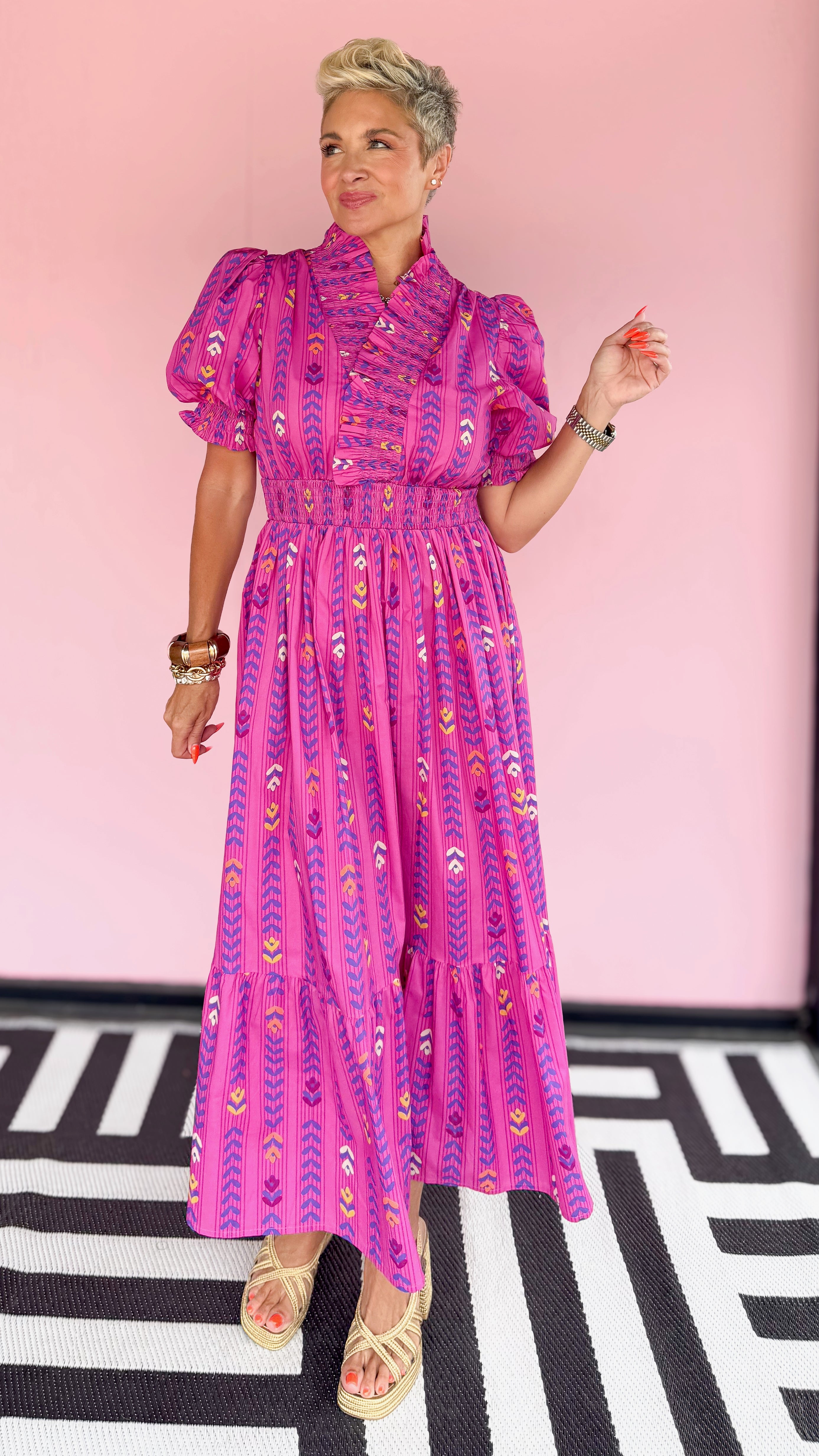 Ruffle Smocked Midi Dress/Purple