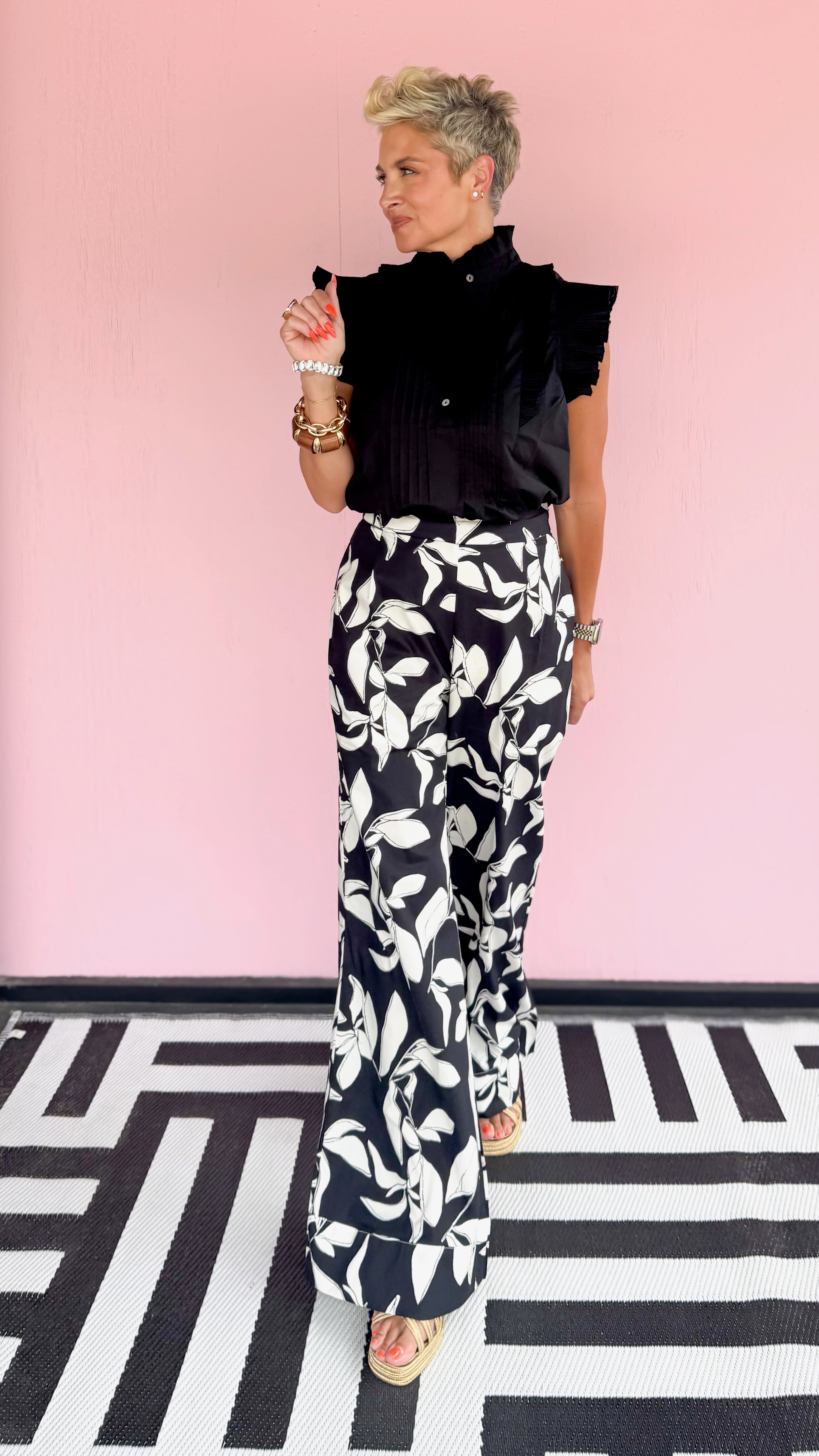 High Waist Leaf Print Pants/Black&White