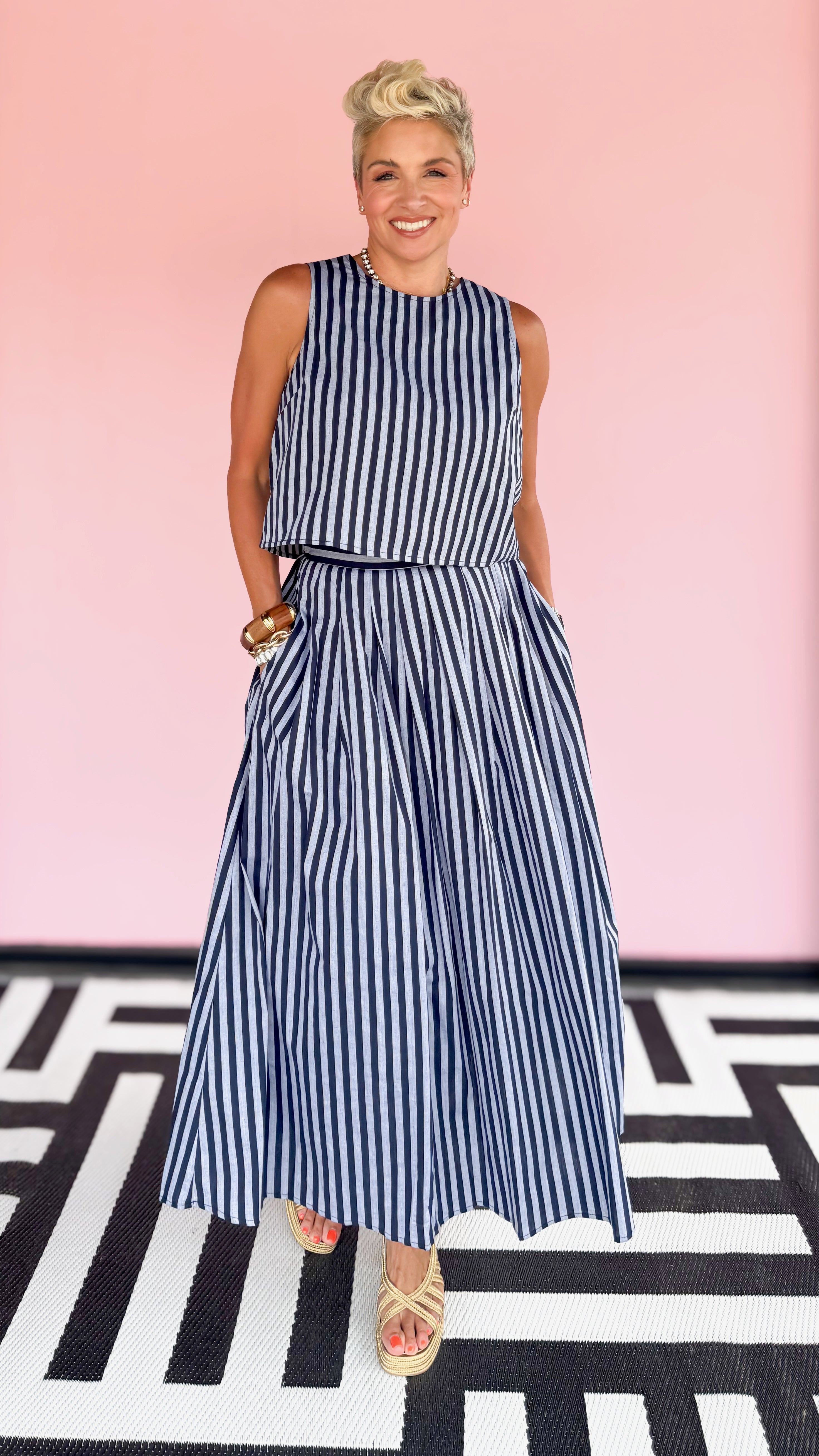 Striped Pleated Midi Skirt/Navy