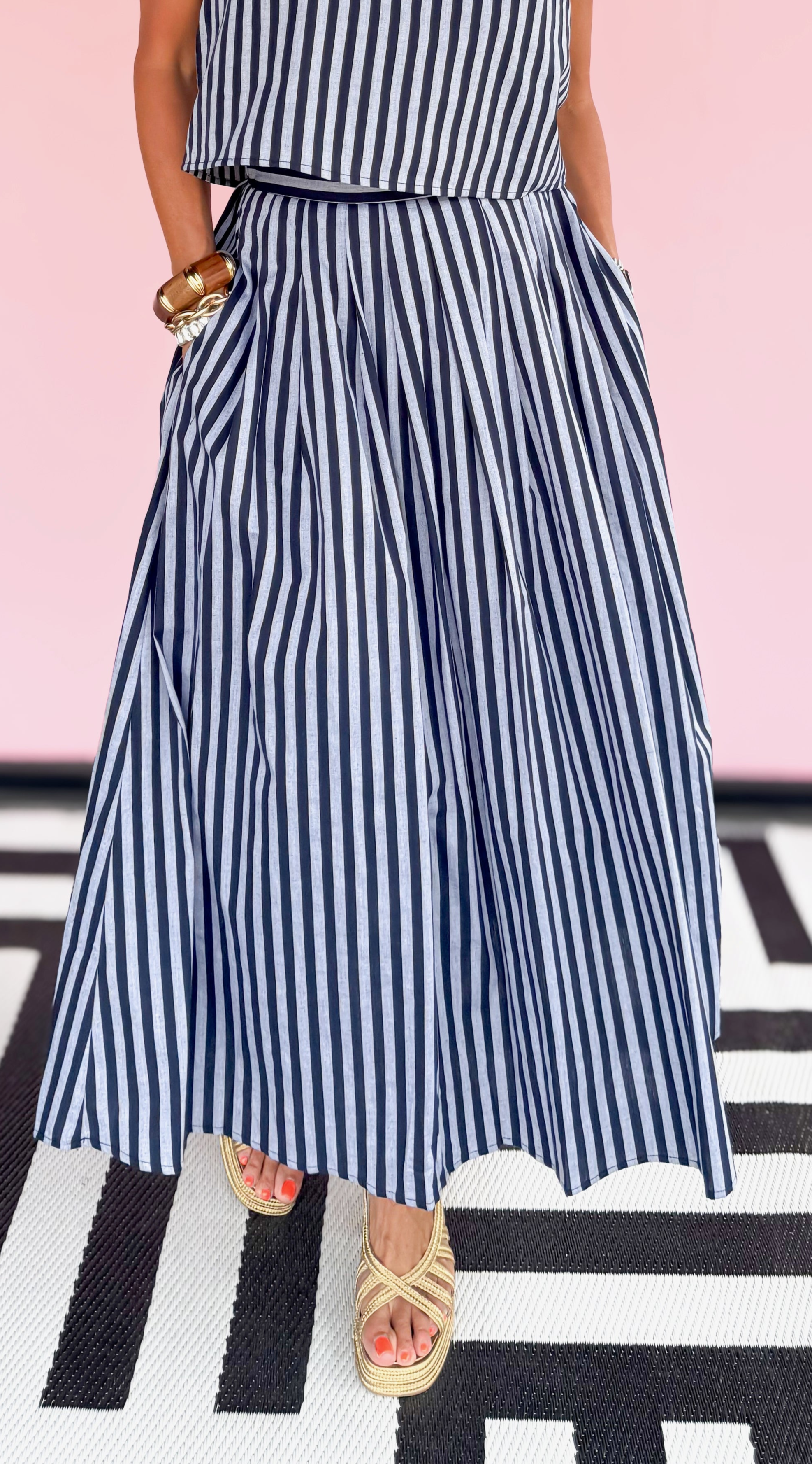 Striped Pleated Midi Skirt/Navy