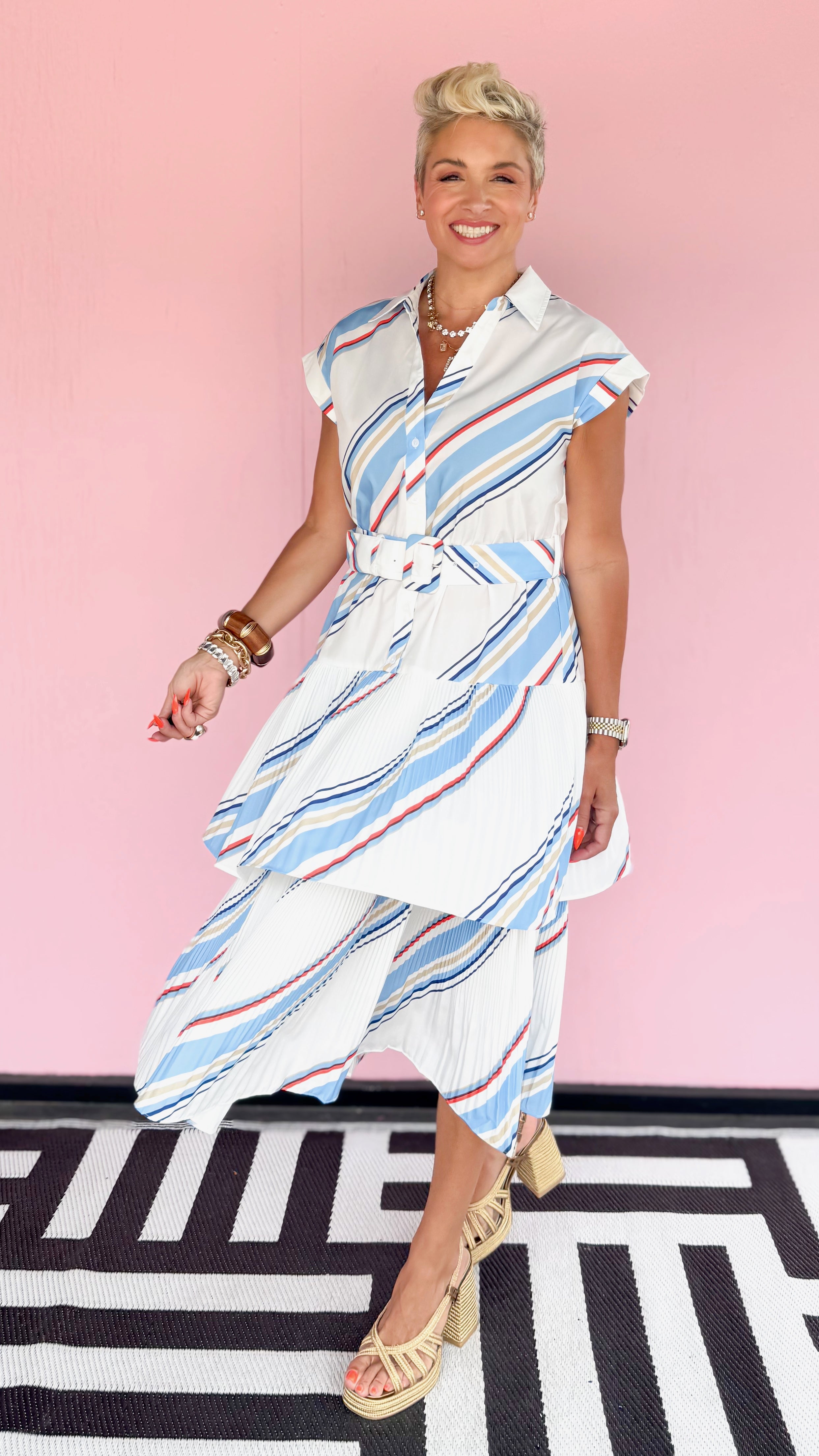 Tiered Pleated Midi Dress/White