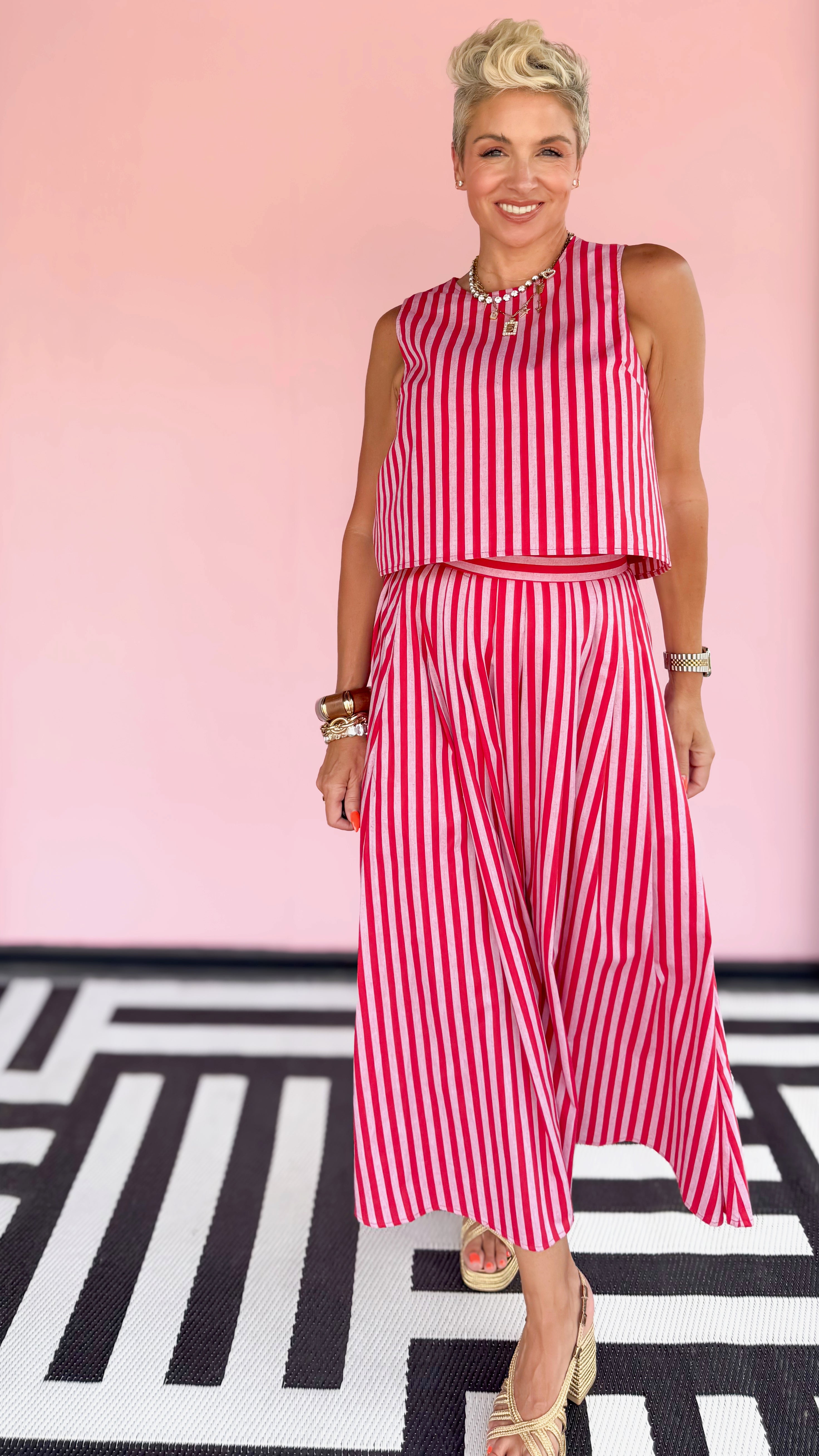 Striped Pleated Midi Skirt/Red