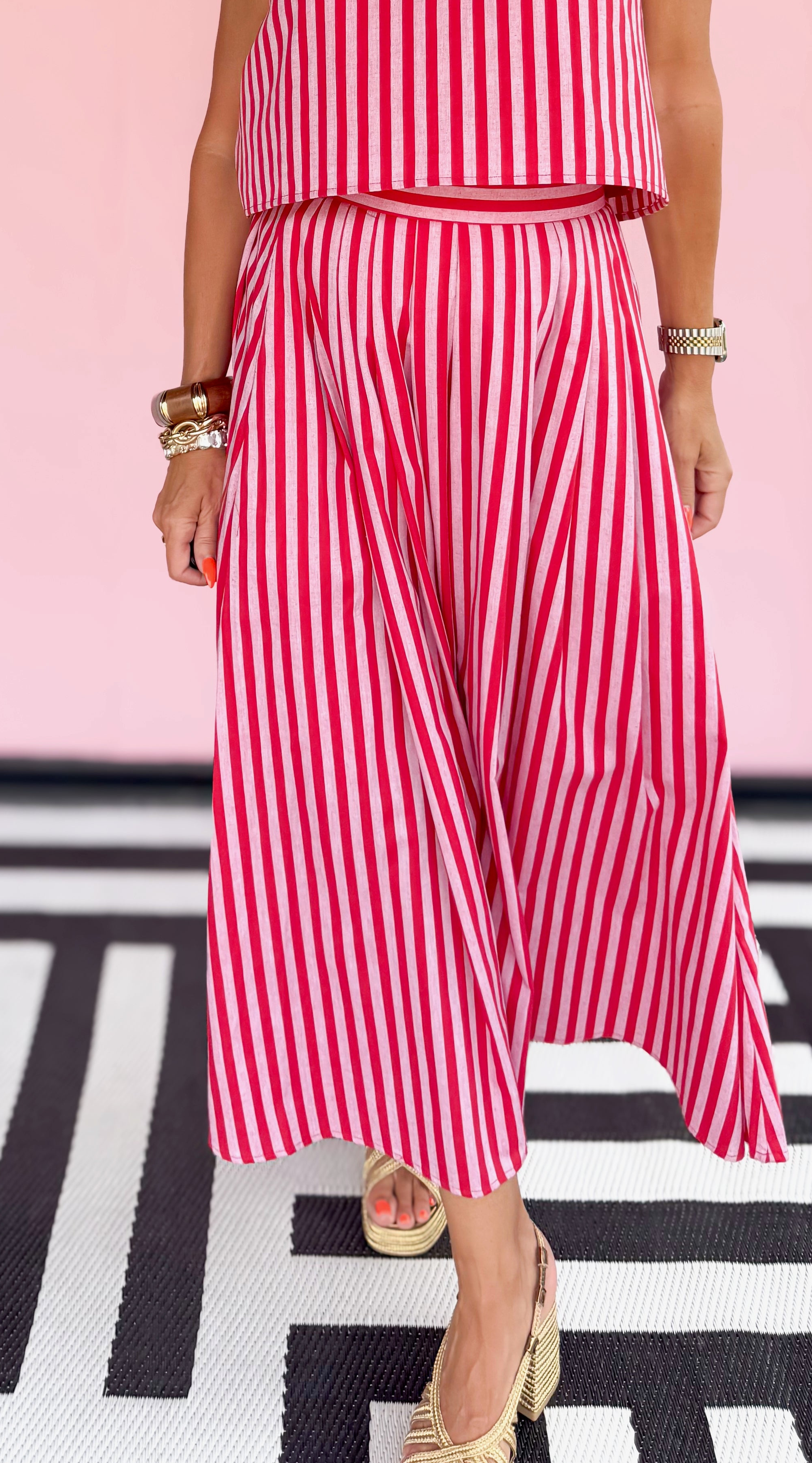 Striped Pleated Midi Skirt/Red