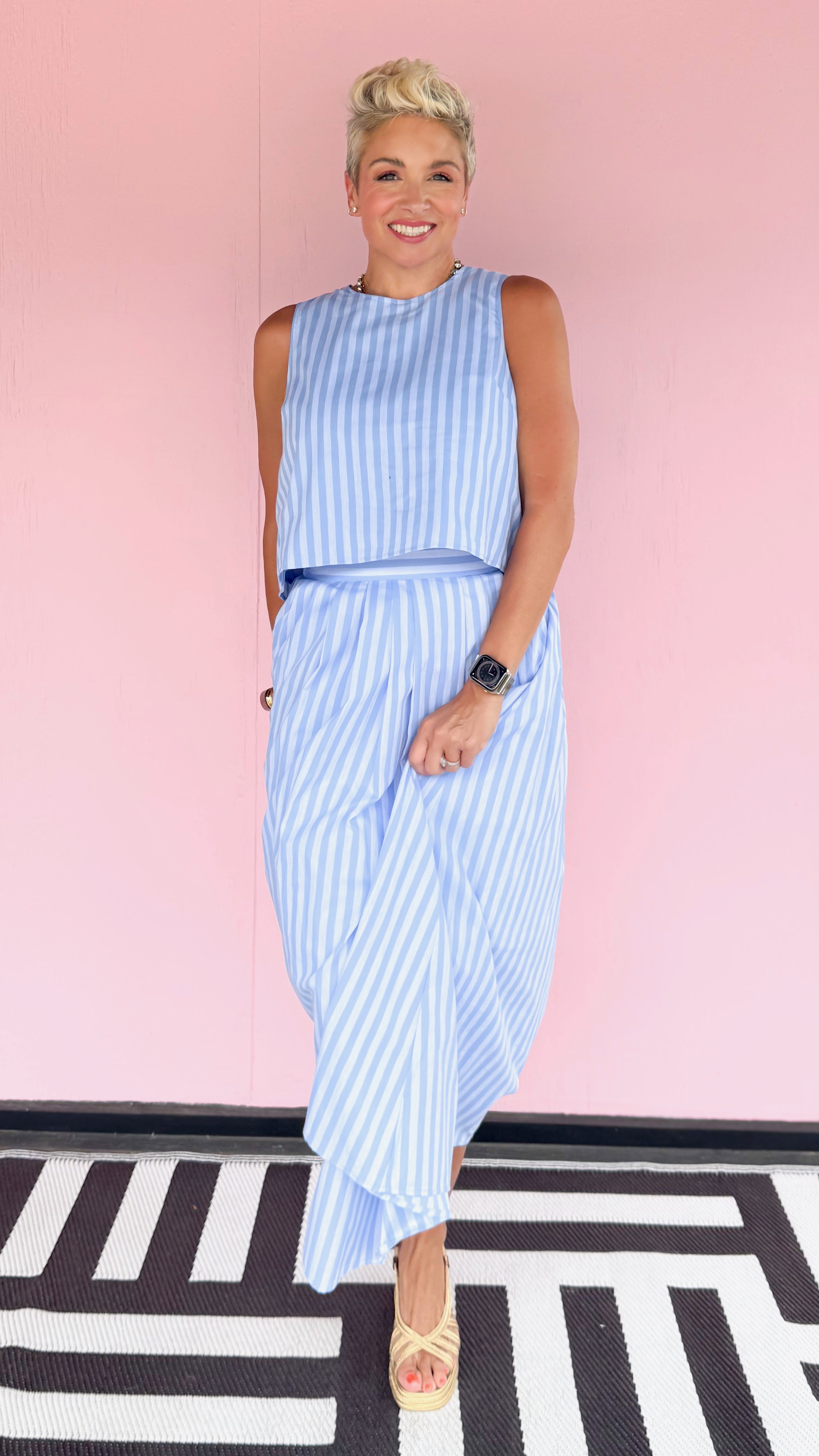 Striped Pleated Midi Skirt/Blue