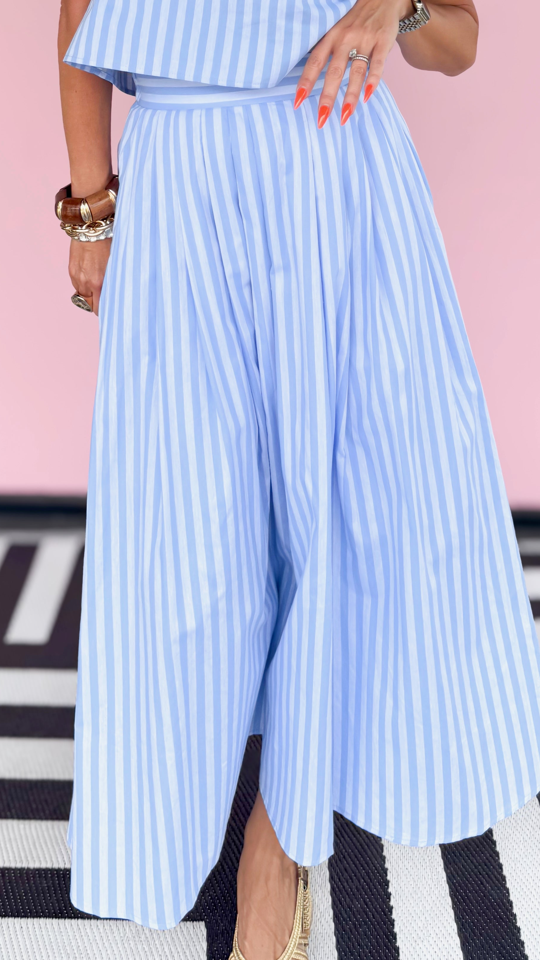 Striped Pleated Midi Skirt/Blue