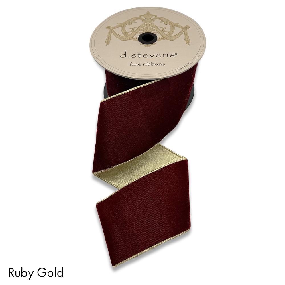 Ruby red lush velvet ribbon with metallic light gold back, 4 inch, full view