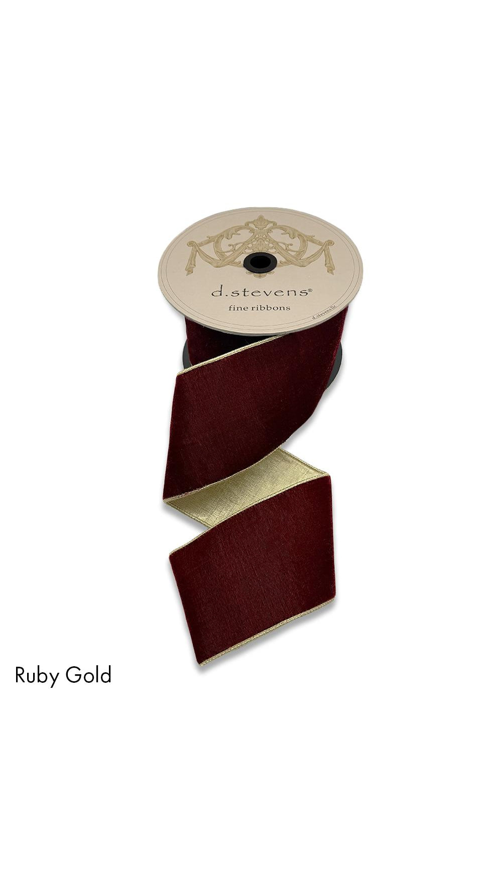 Ruby red lush velvet ribbon with metallic light gold back, 4 inch, full view on white