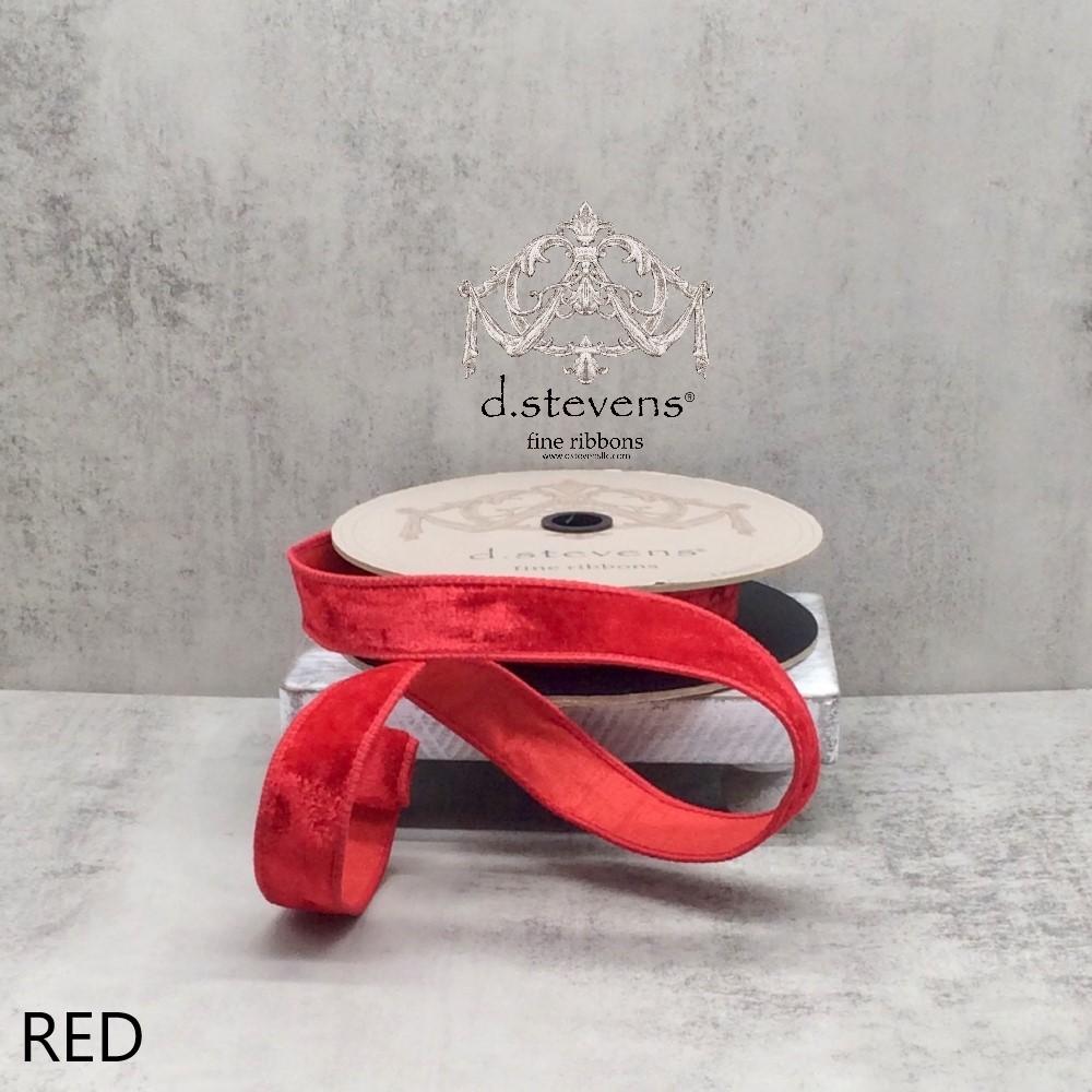 Red lush velvet ribbon with dupion back, 1 inch wide, full view