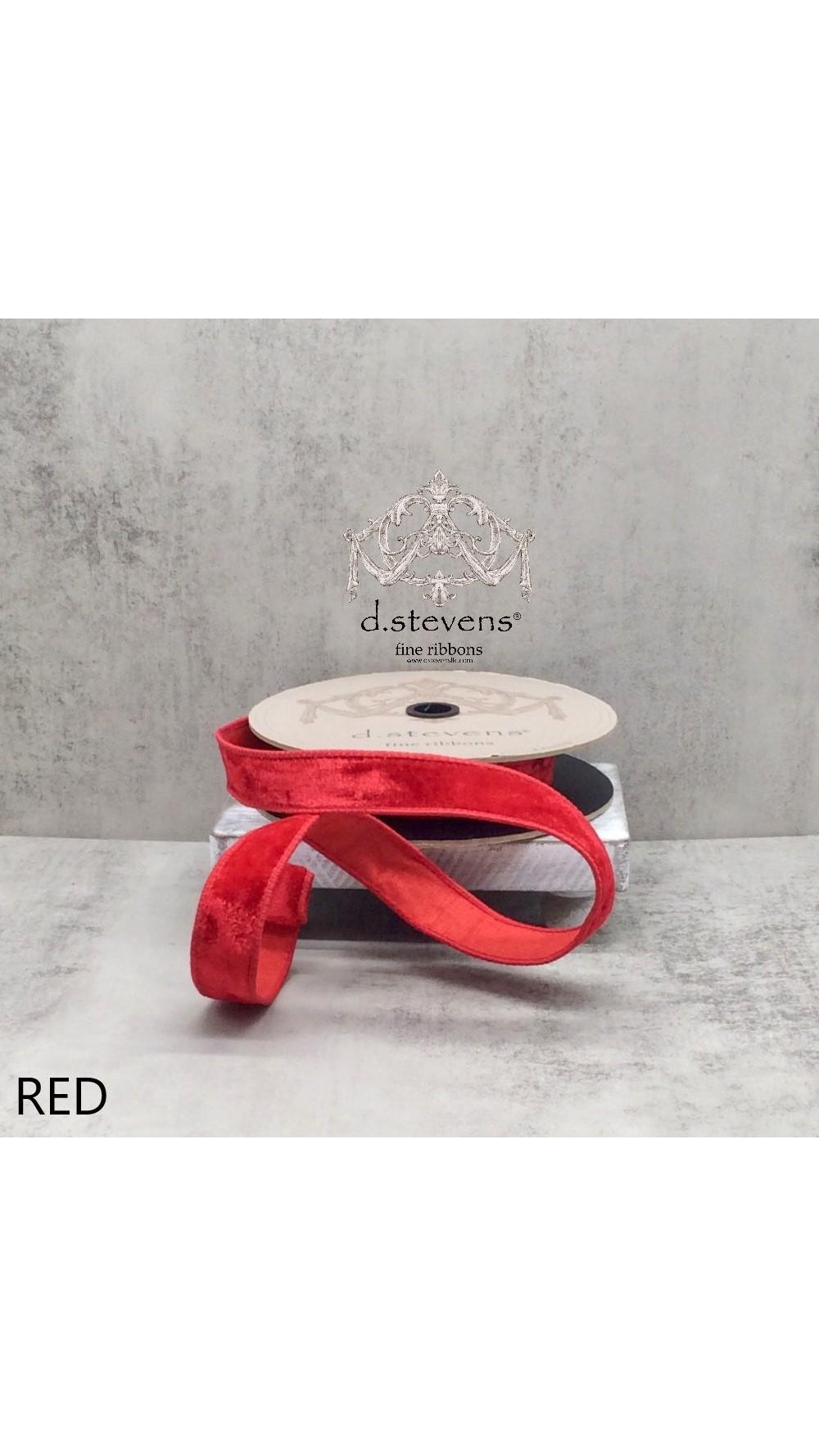 Red lush velvet ribbon with dupion back, 1 inch wide, full view on white