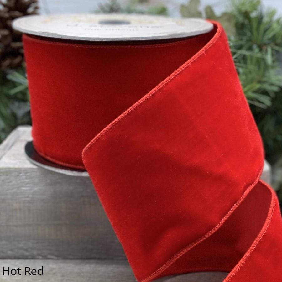 Hot red lush velvet ribbon with hot red dupion back, 2.5 inch, full view