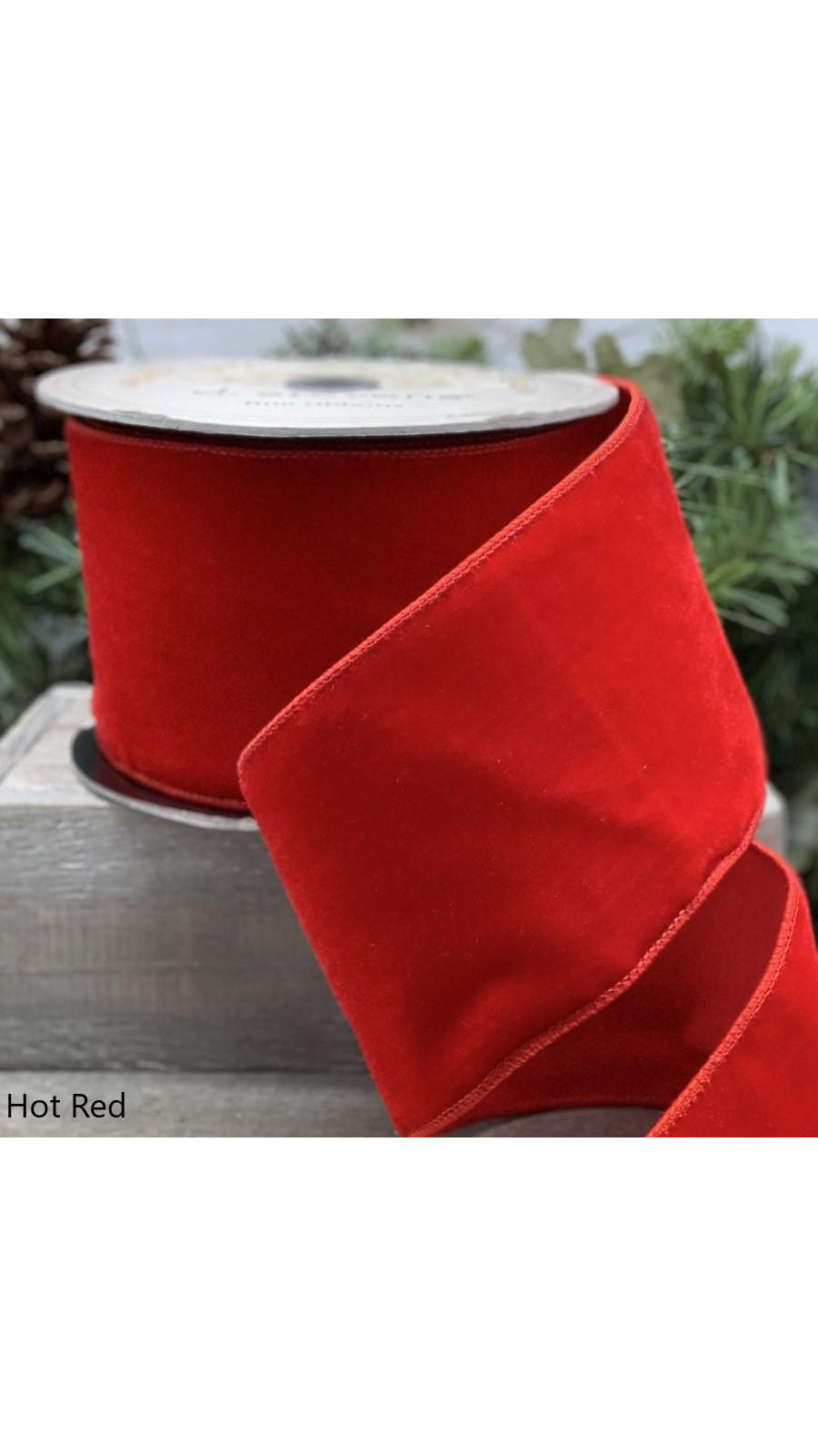 Hot red lush velvet ribbon with hot red dupion back, 2.5 inch, full view on white