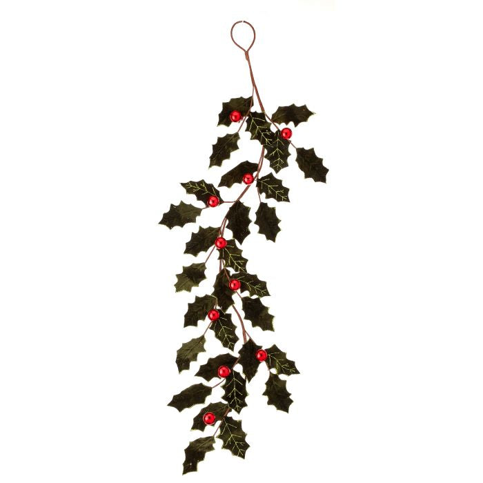 Velvet Holly Leaf Garland with Ball Green Red - Regency