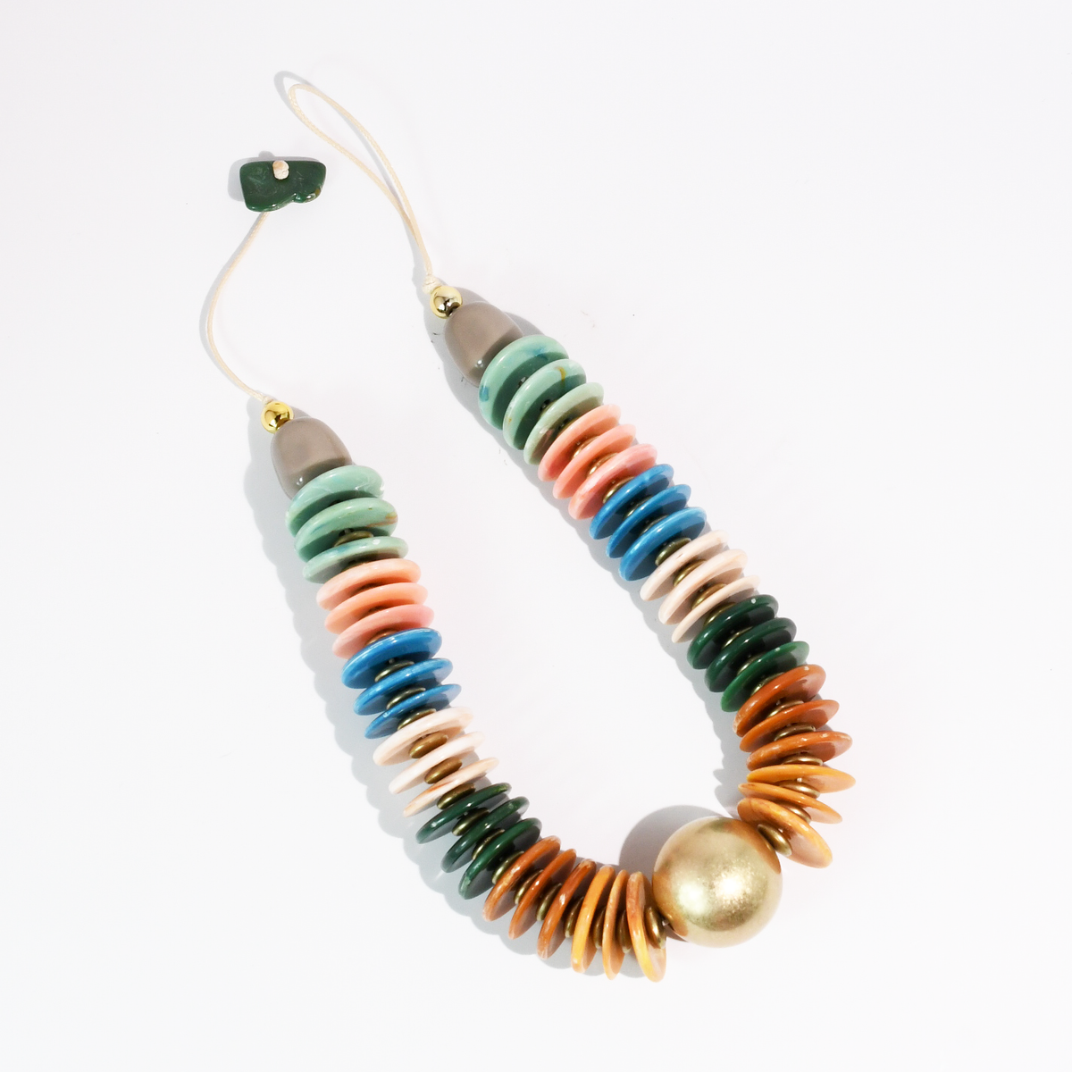 Mix it Up Necklace with stacked sage, teal, blush and copper disc beads and gold-tone accents