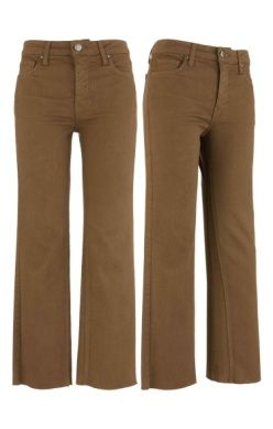 Pecan brown high rise flare jeans, front and back view