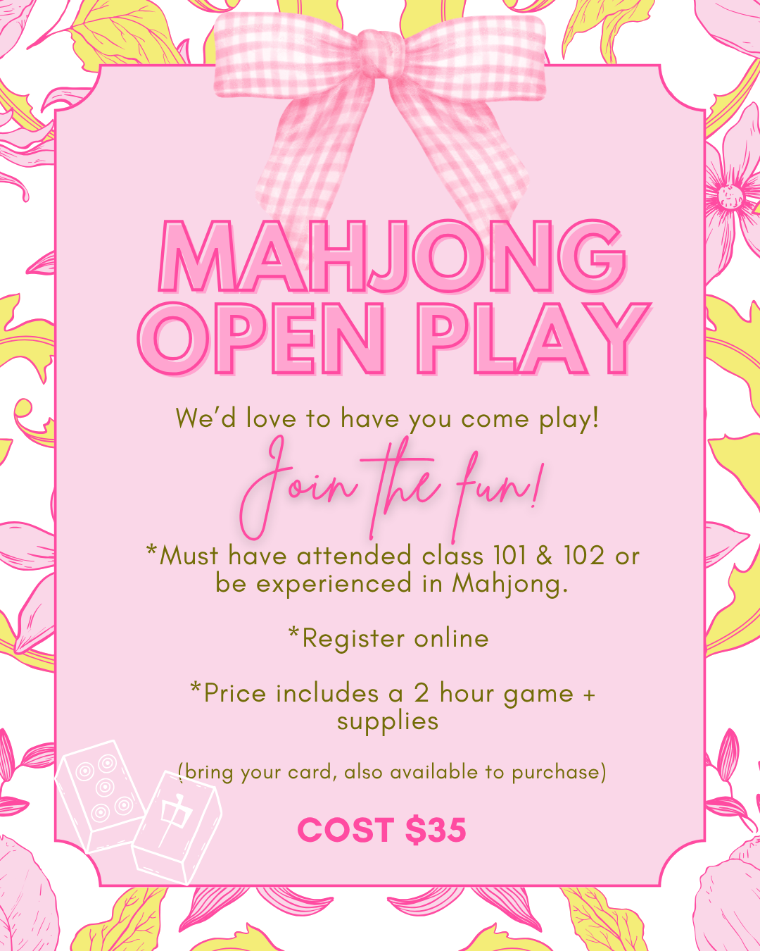 Mahjong Open Play Thursday, September 24th, 5-7pm
