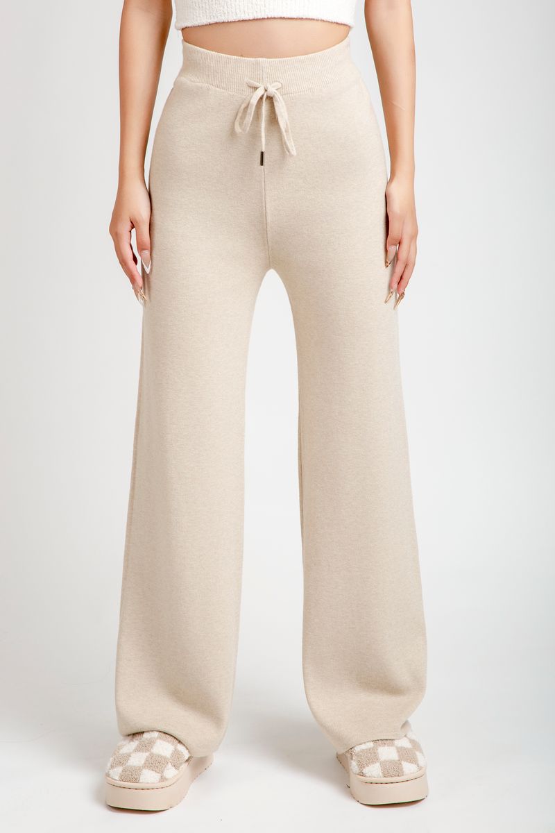 Beige Solid Lounge Wide Leg Pants