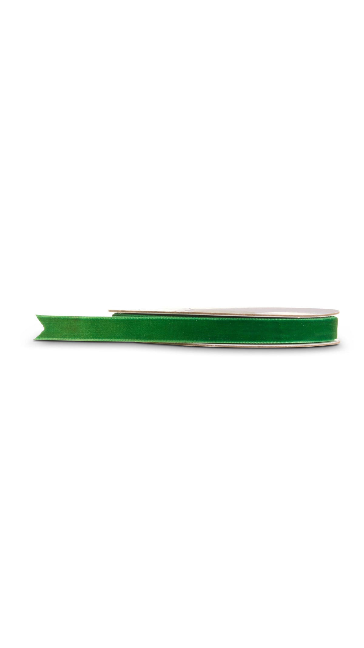 Dark green velvet ribbon, half inch by 10 yards, full view on white