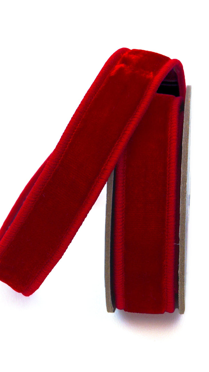 Farrisilk velvet ribbon in red, .75 in x 10 yd, wired edge, front view, 9x16