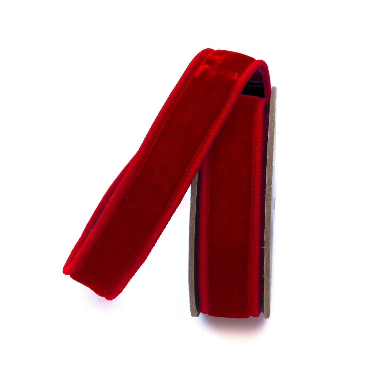 Farrisilk velvet ribbon in red, .75 in x 10 yd, wired edge, front view