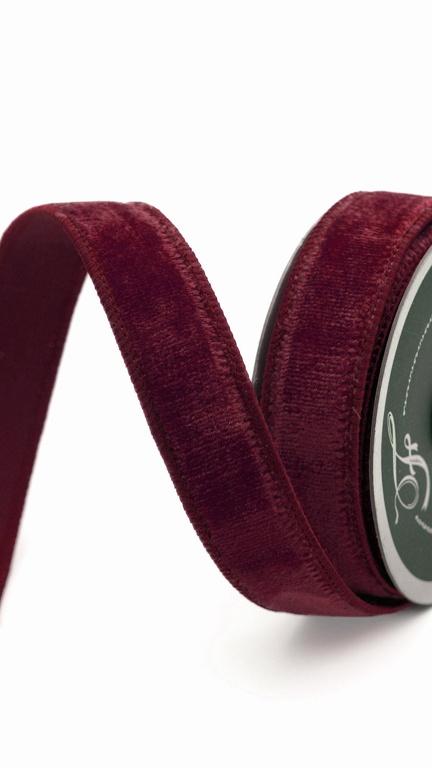 Farrisilk velvet ribbon in burgundy, .75 in x 10 yd, wired edge, front view, 9x16